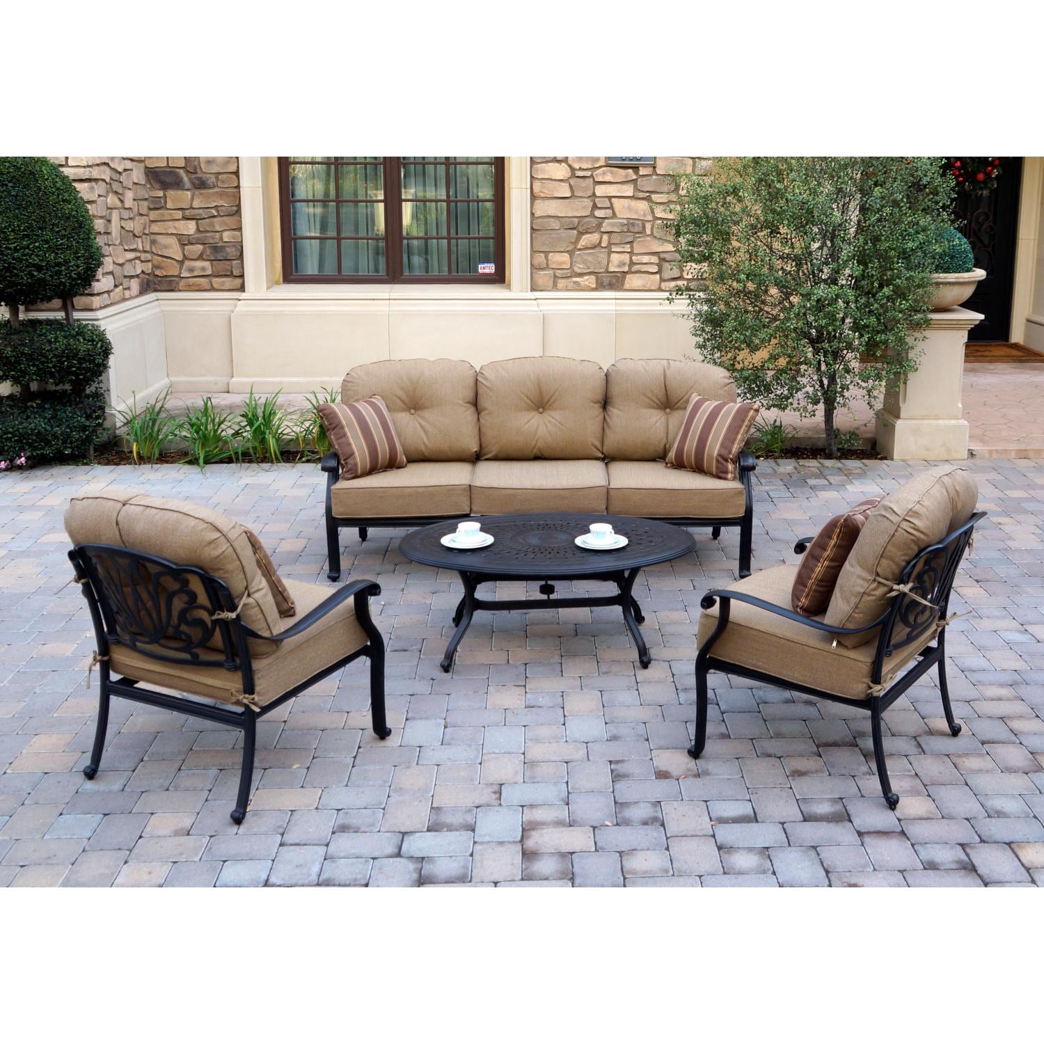 Darlee DL708-4PCS-26BP Elisabeth 4 Piece Cast Aluminum Patio Conversation Set W/ Sesame Cushions - Lifestyle thumbnail