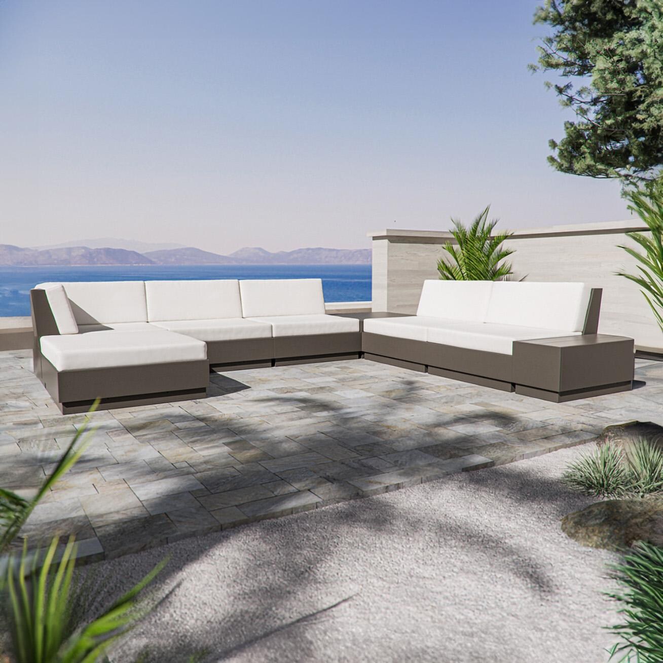 Elevate 8 Pc Recycled Plastic Sectional Seating Set in Vintage Sahara/Weathered Tweed By PW Designer Series - On the Patio (Shown in Vintage Coffee/Dune Burlap) - Lifestyle thumbnail