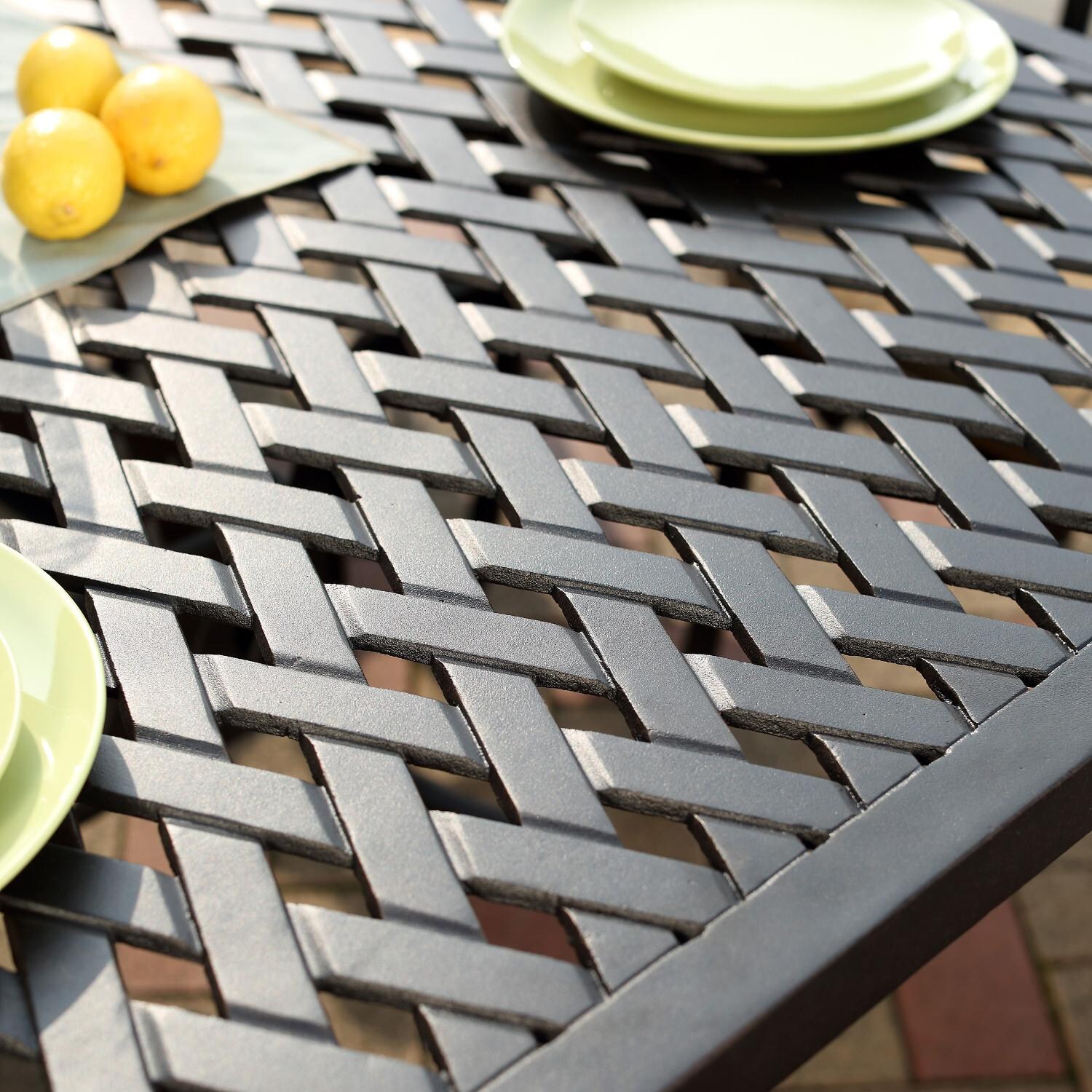 St. Cruz 9 Piece Cast Aluminum Patio Dining Set W/ 84 X 42 Inch Table, 2 Swivel Rockers & Spicy Chili Cushions By Darlee - Tabletop Detail thumbnail