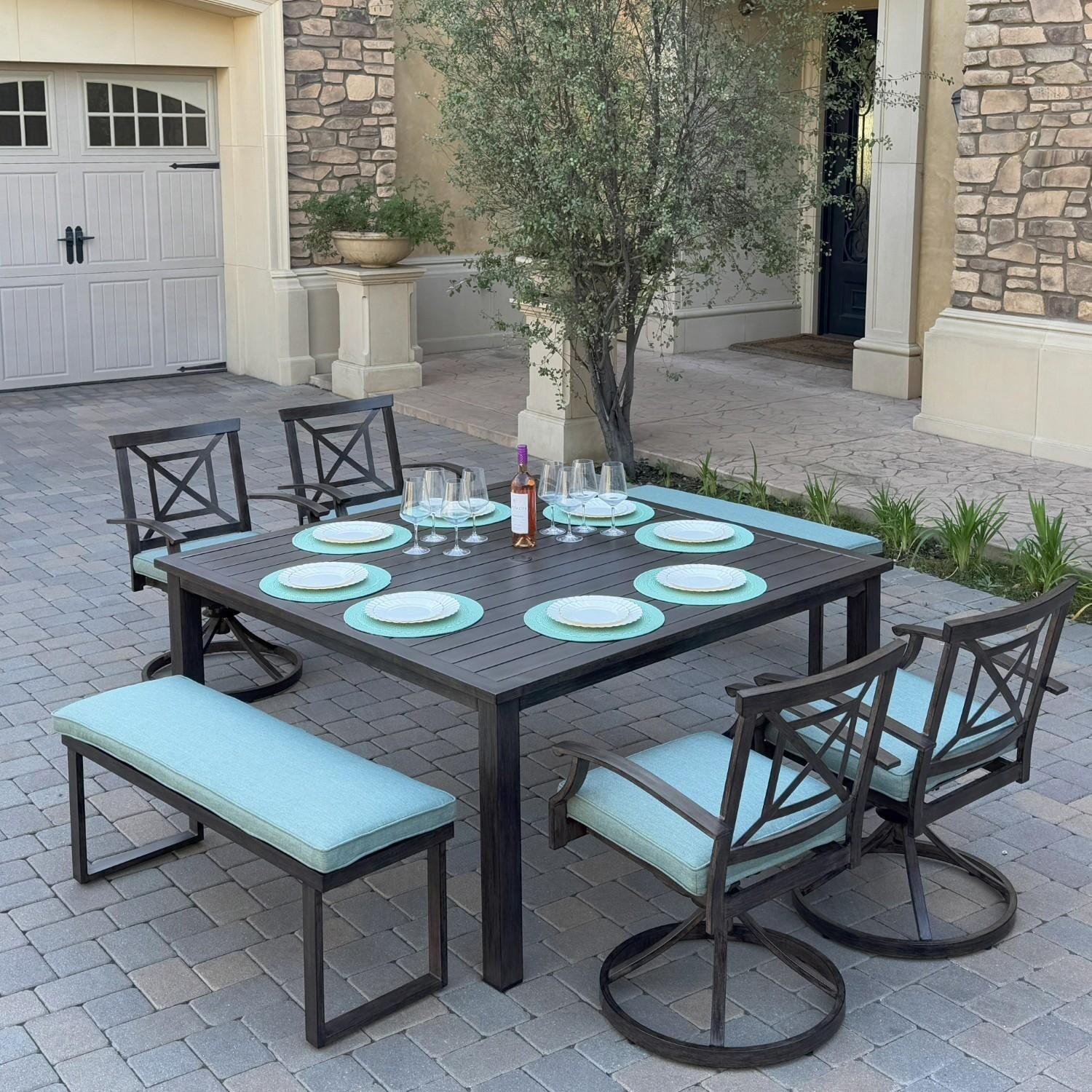 Atlantis 7 Pc Aluminum Dining Set w/ 4 Swivel Rocker Dining Arm Chairs & 2 Two Person Benches in Walnut/Spa by Darlee - Hero - Lifestyle thumbnail
