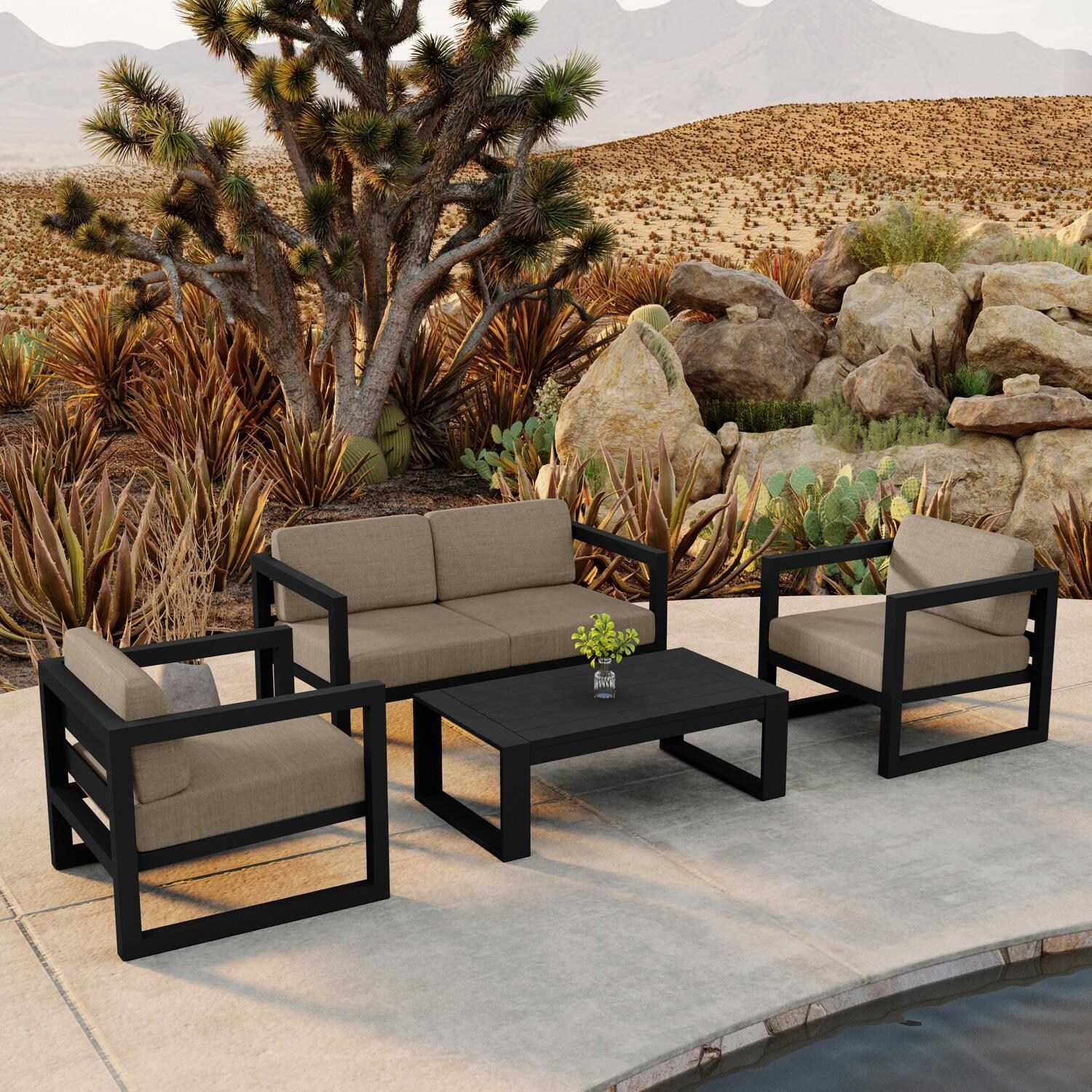 Misty Cove 4 Pc Aluminum Seating Set w/ Portal Coffee Table in Black/Heather Beige by Lakeview Outdoor Designs