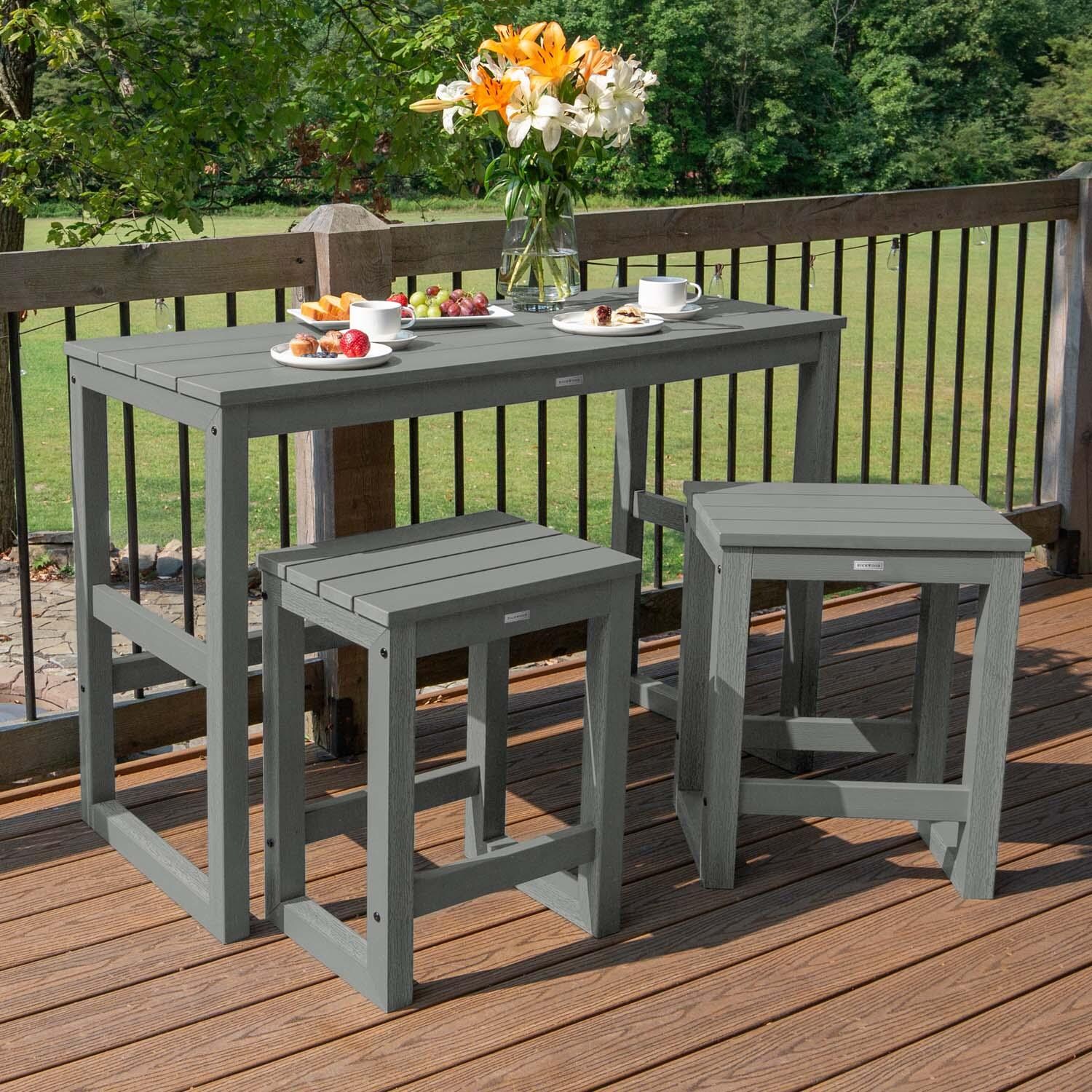 Lakeview Audubon 3 Pc Recycled Plastic Counter Height Balcony Dining Bar Set in Coastal Teak - Front View - Lifestyle thumbnail