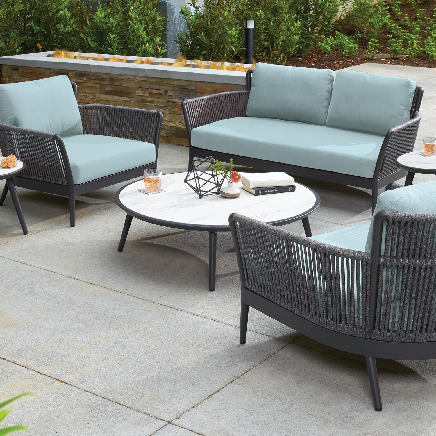 Oxford Garden Nette 2 Person Olefin Rope & Aluminum Loveseat in Carbon/Seafoam - Patio thumbnail