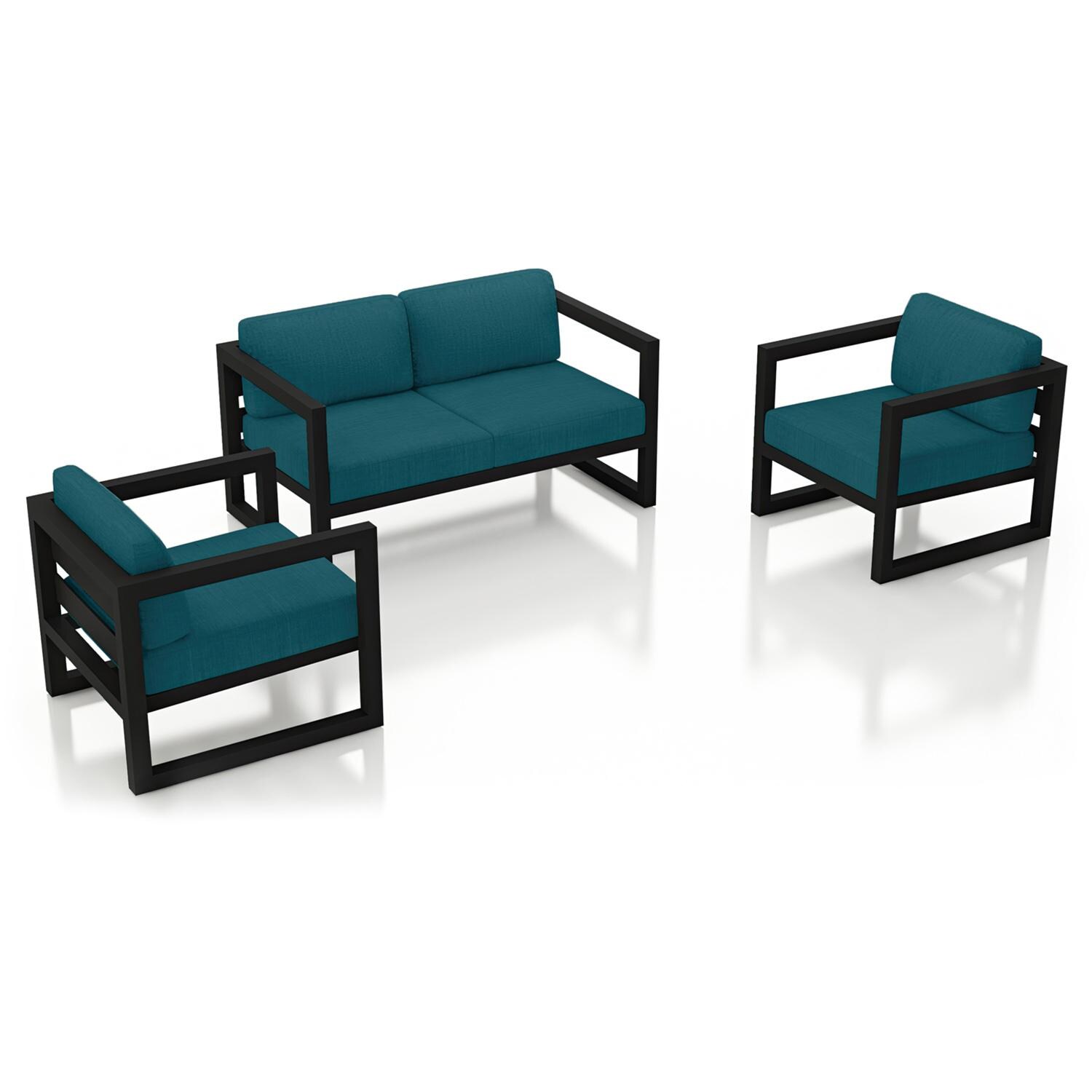 Lakeview MSTYCV-BK-3LSS-PC Misty Cove 3 Pc Aluminum Seating Set in Black w/Loveseat & Spectrum Peacock Cushions by Lakeview Outdoor Designs - Set Angled View - White Background thumbnail