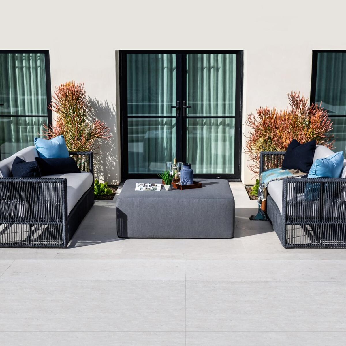Sunset West - Milano 3 Piece Olefin Rope Patio Conversation Set W/ Pouf Coffee Table & Sunbrella Echo Ash Cushions thumbnail