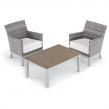 Argento 3 Piece Wicker Patio Conversation Set W/ Tekwood Vintage Coffee Table & Eggshell White Cushions By Oxford Garden image