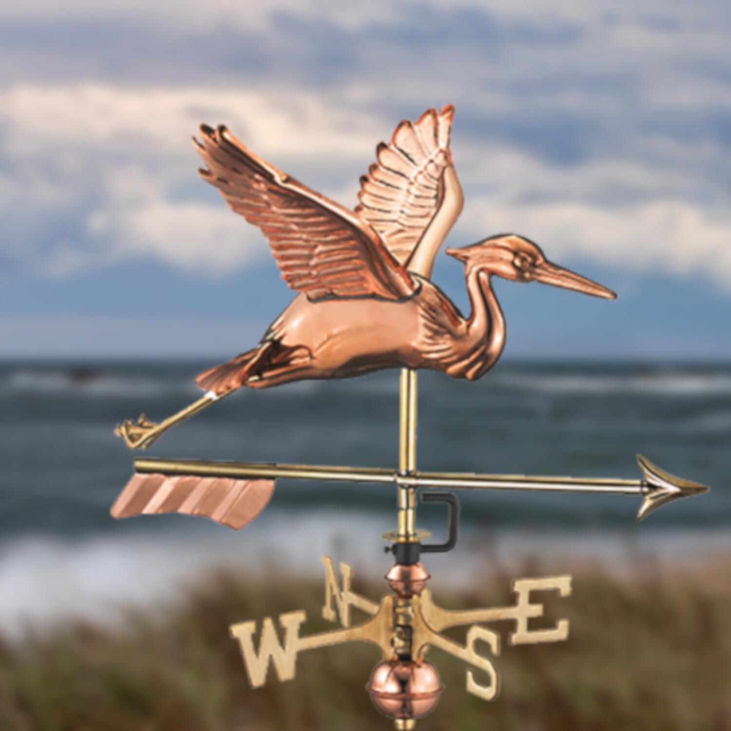 Blue Heron W/ Arrow Cottage Weathervane W/ Roof Mount By Good Directions - Polished Copper thumbnail