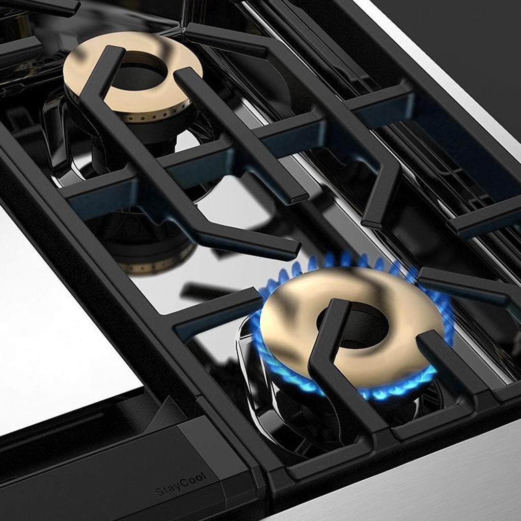 Viking Professional 7 Series 36-Inch 4 Burner Propane Gas Dual Fuel Range With Griddle - Cooking Surface with Lit Range Burner  thumbnail