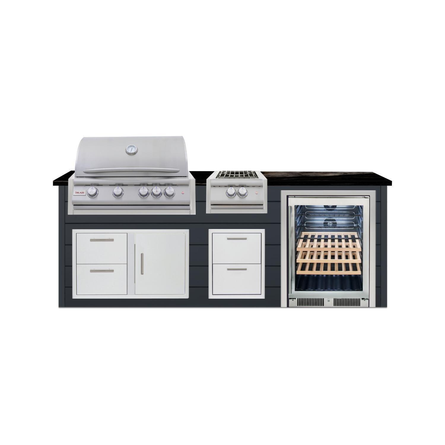 BBQGuys Signature 8 Ft Outdoor Kitchen Island w/ 32-in Natural Gas Blaze LTE+ Grill, Power Burner & Beverage Center | Asphalt Gray w/ Nero Mist Granite