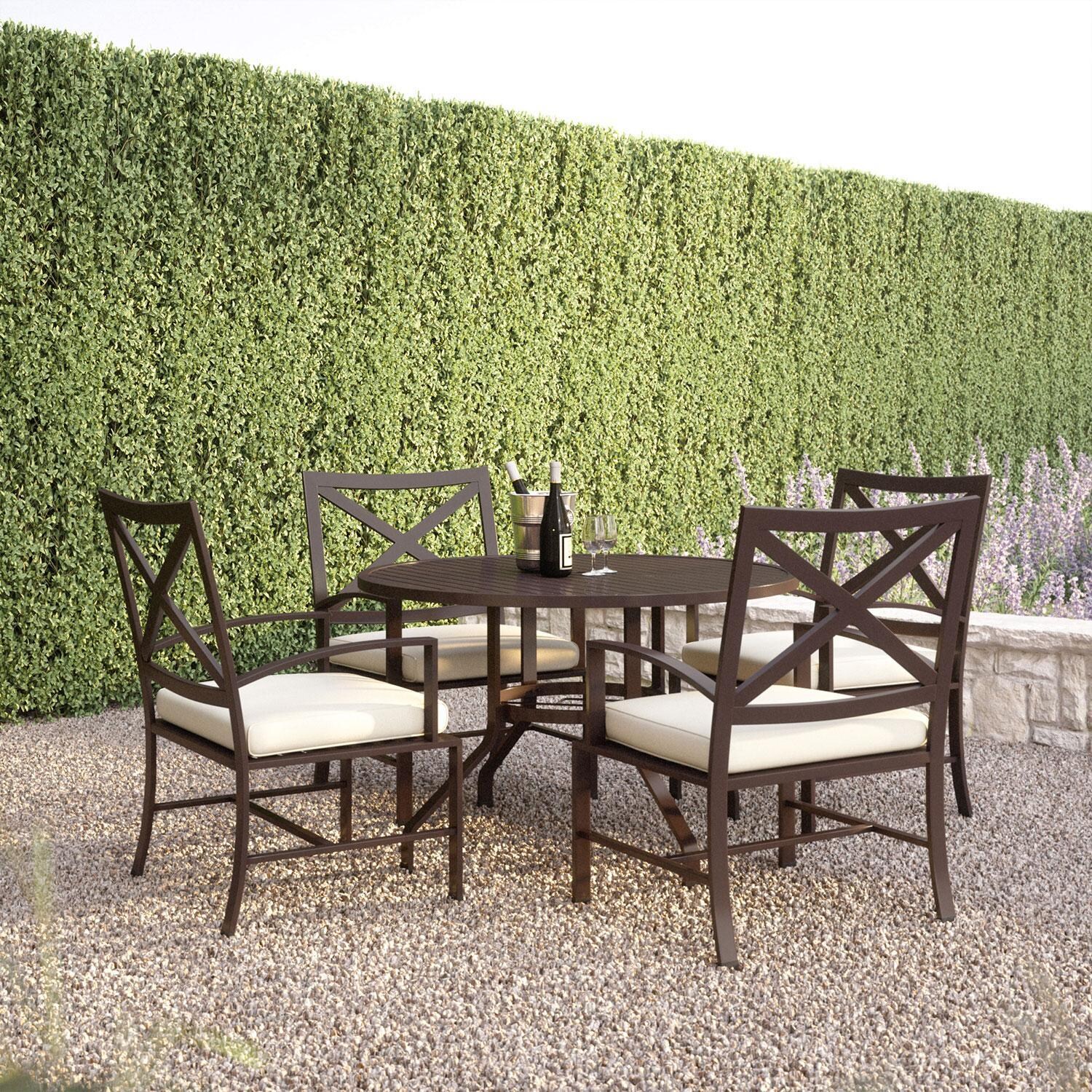 La Jolla Aluminum Patio Dining Chair in Canvas Henna w/ Self Welt By Sunset West - Back Patio - Shown in Canvas Flax finish - Lifestyle thumbnail