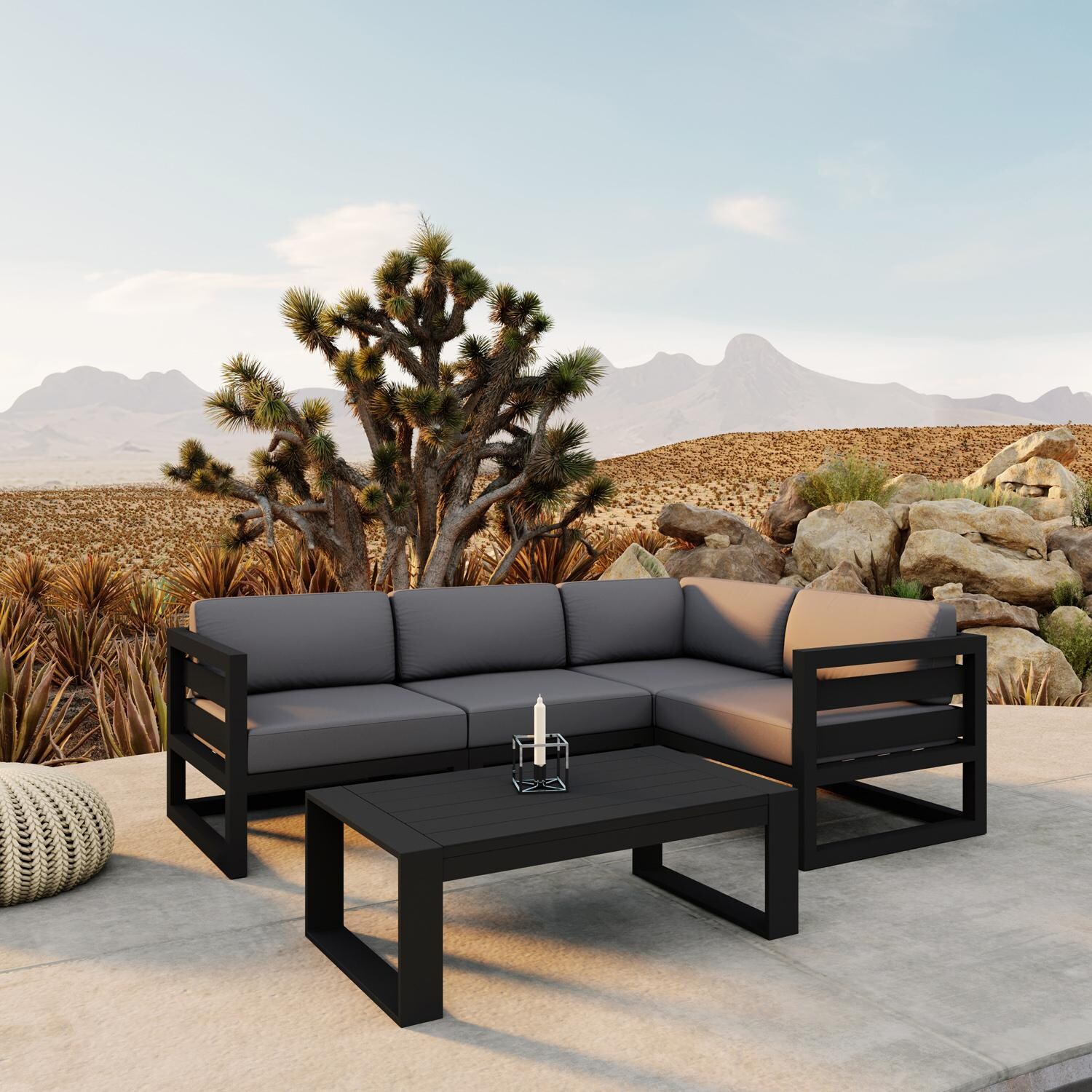 Lakeview MSTYCV-BK-5SEC-CC Misty Cove 5 Pc Aluminum Sectional Set in Black w/Portal Coffee Table & Canvas Charcoal Cushions by Lakeview Outdoor Designs - Set by Pool - Lifestyle thumbnail