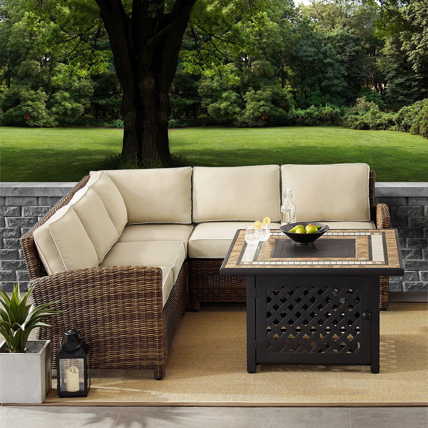 Ultimate Patio UP-92390-SA 4Pc Wicker Outdoor Sectional Set W/ Fire Table in Sand - On Patio W/ Fire Pit Off - Lifestyle thumbnail