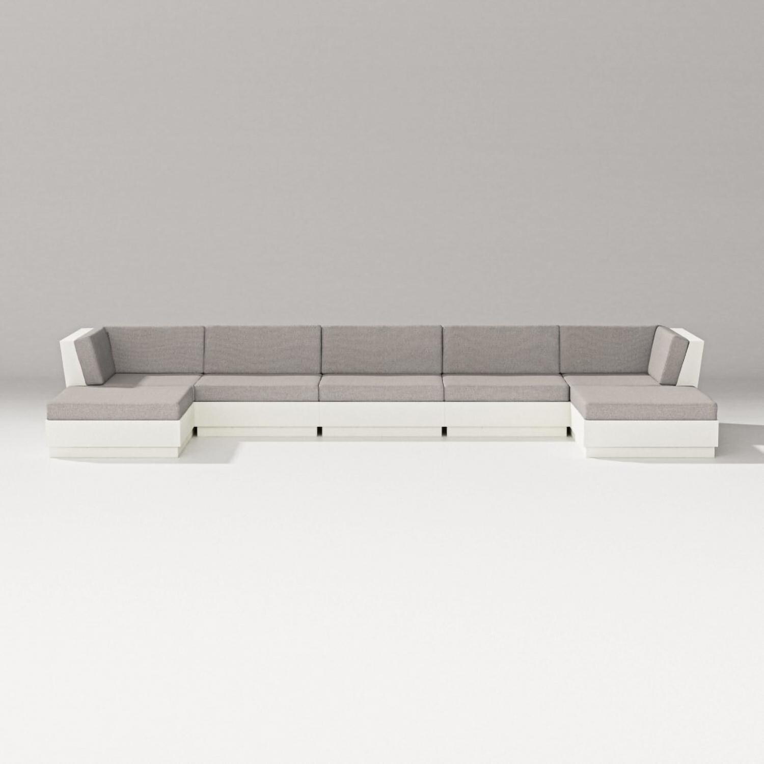 Elevate 7 Pc Recycled Plastic Double Chaise Seating Set in Vintage White/Weathered Tweed By PW Designer Series