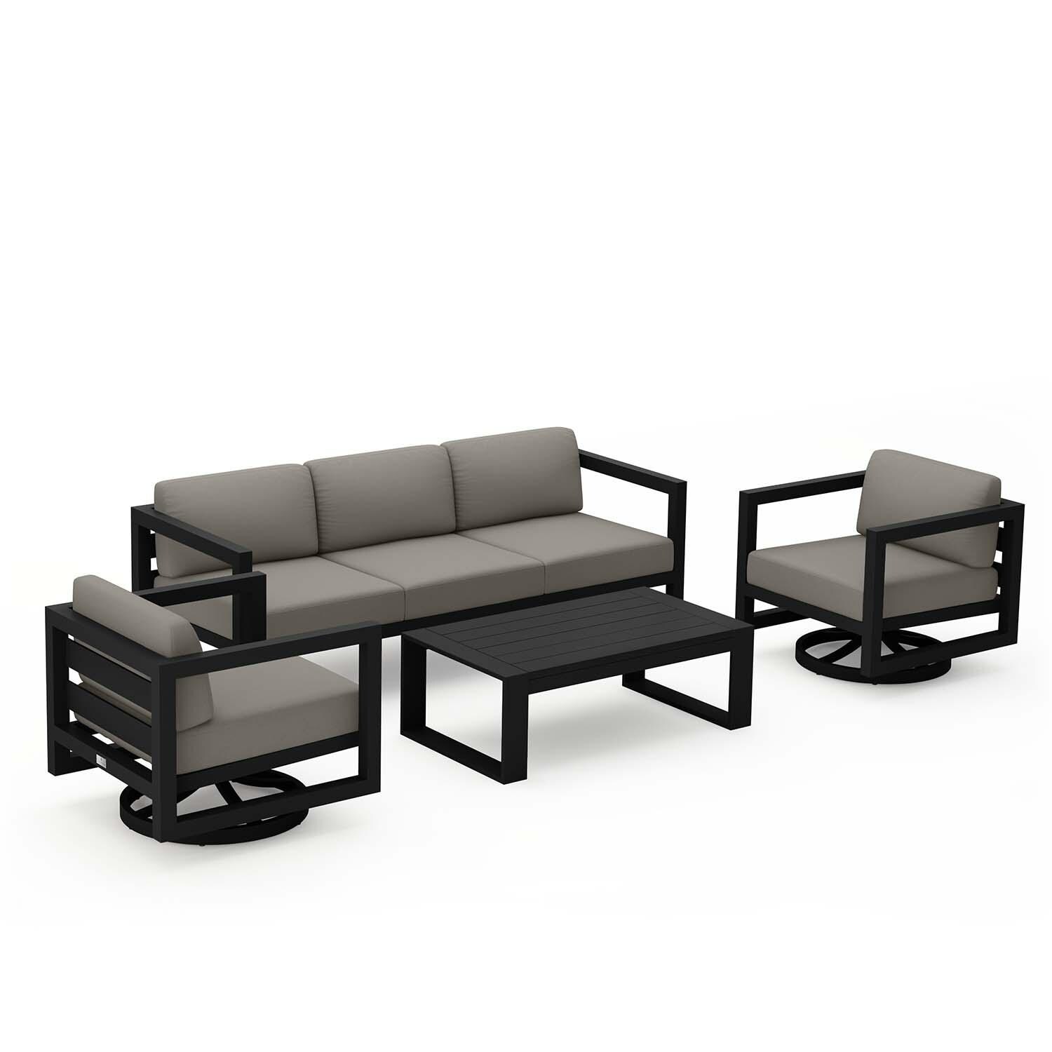 Misty Cove 4 Pc Aluminum Sofa Seating Set w/ Swivel Chairs in Black/Canvas Charcoal by Lakeview Outdoor Designs - Angled - White Background thumbnail