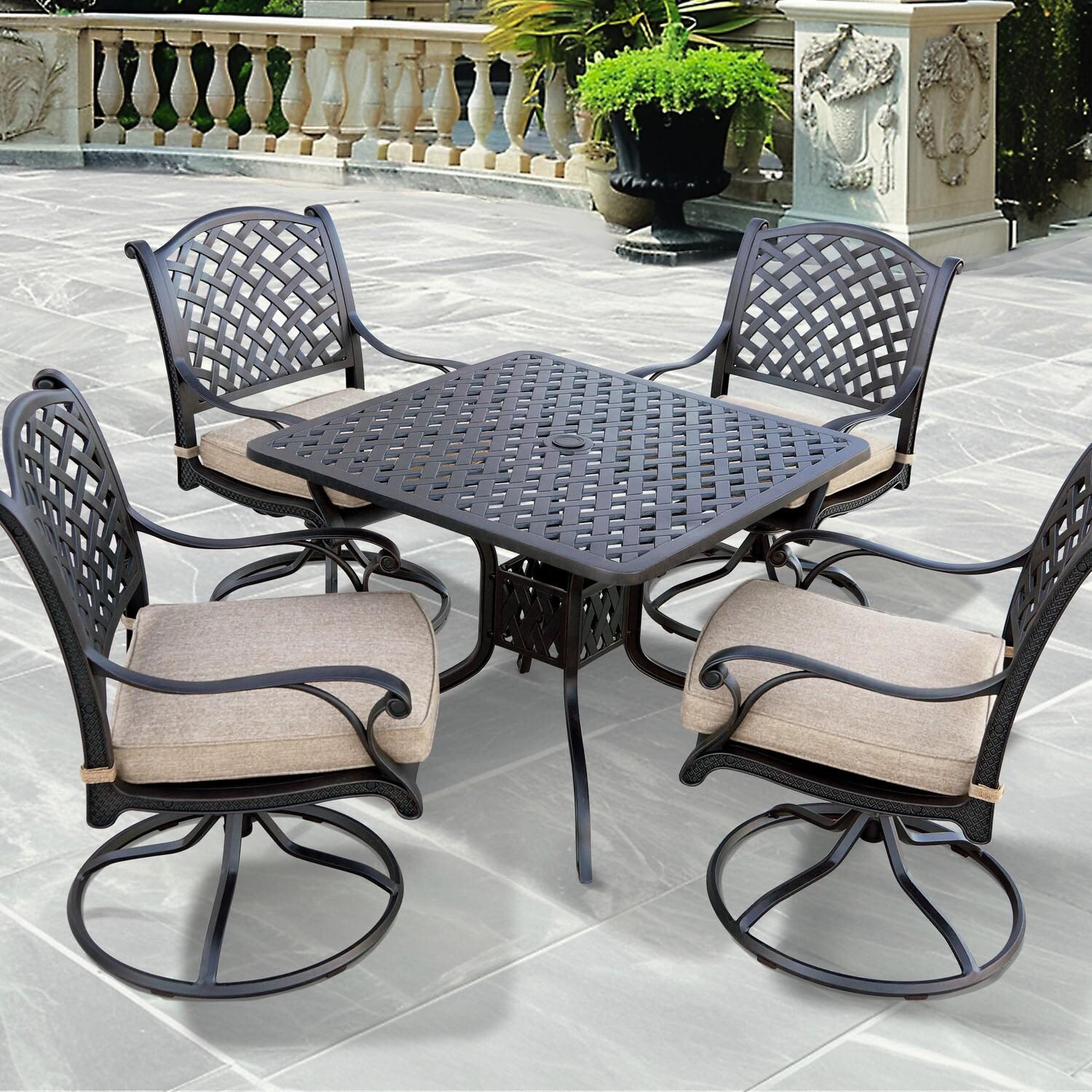 Nassau 5 Pc Cast Aluminum Dining Set w/ 36 Inch Square Series 30 Table & Swivel Rockers in Antique Bronze/Beige Canvas by Darlee