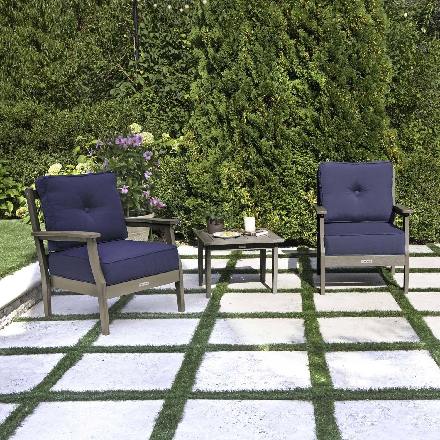 Blushing Bay 3 Pc Recycled Plastic Seating Set in Spectrum Indigo/Woodland Brown by Lakeview Outdoor Designs - Angled Left - Lifestyle thumbnail