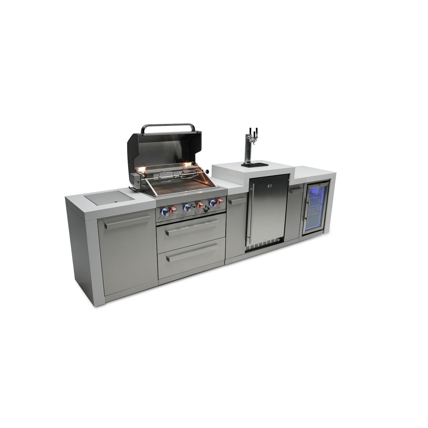 Mont Alpi MAi400-DKEGFC 400 Deluxe Propane Island W/ Kegerator &  Fridge Cabinet - Hood Open - White Background