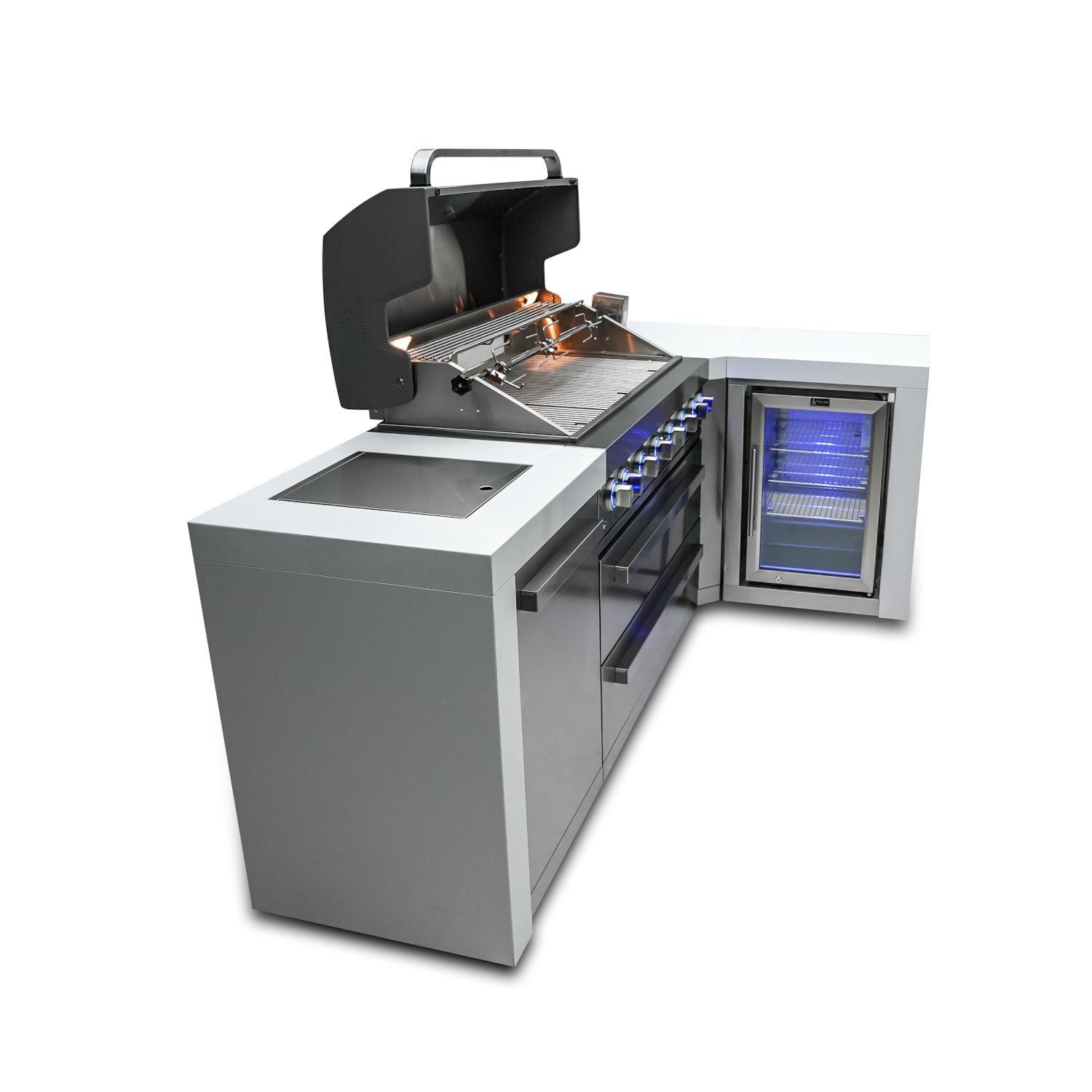 Mont Alpi MAi805-D90FC Deluxe 90 Degree Natural Gas Island Grill W/ Refrigerator Cabinet - Side View - Grill Open - White Background thumbnail