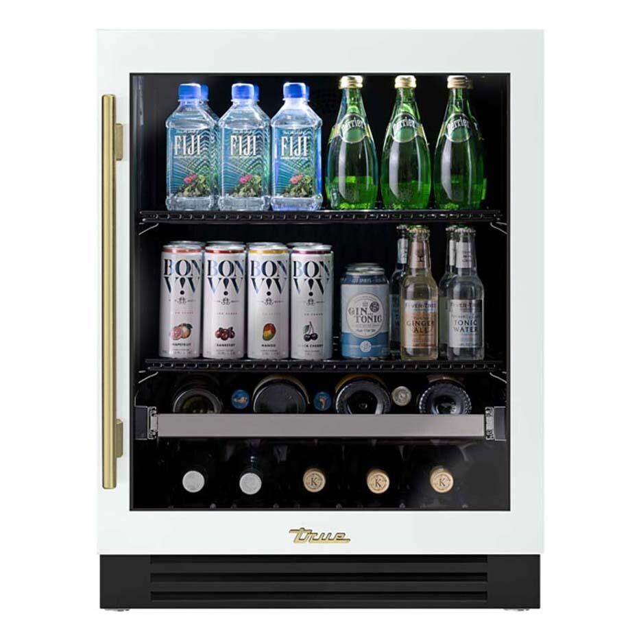 True TUBADA-24-RG-A~030-H01 ADA Height 24 Inch 105 Can 12 Bottle Right Hinge Glass Door Outdoor Beverage Center - Matte White w/ Brass Handle - White Background thumbnail