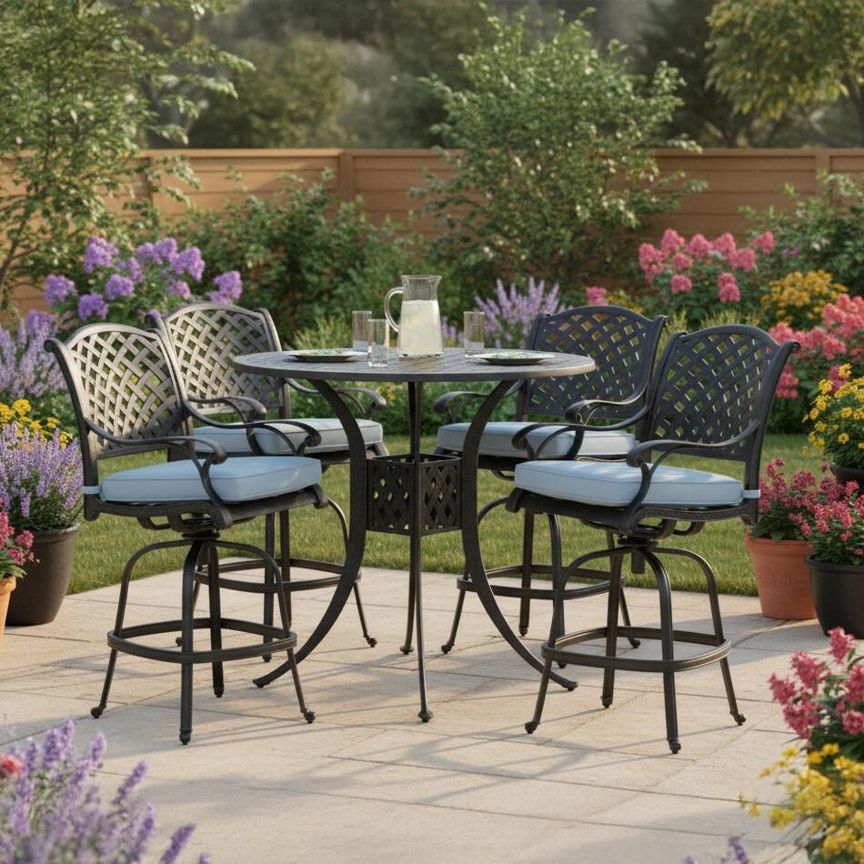 Nassau 5 Pc Cast Aluminum Bar Set w/ 42 Inch Round Series 30 Table in Antique Bronze/Sky Blue by Darlee