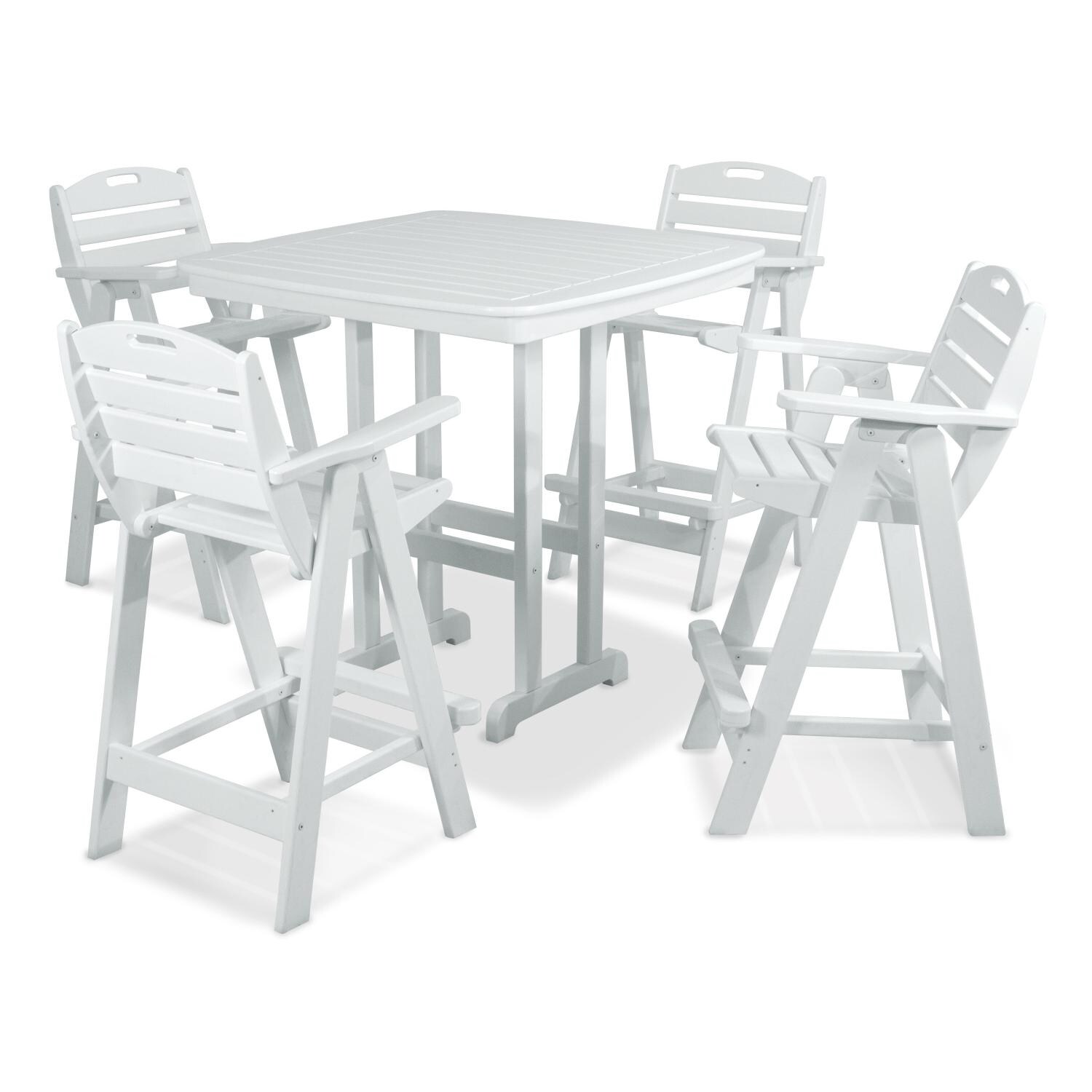 Nautical 5 Piece White Recycled Plastic Wood Patio Bar Set W/ 42 Inch Square Table By POLYWOOD image