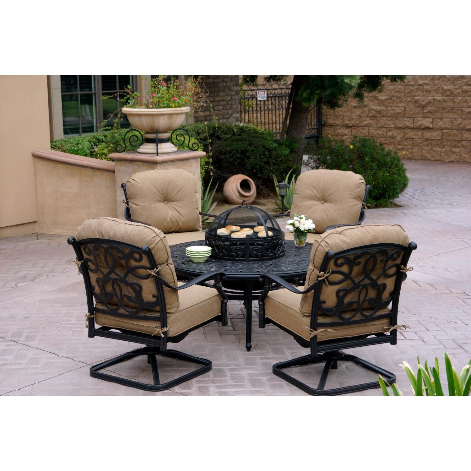 Darlee DL2056-5PCR-80QB Santa Monica 5 Piece Cast Aluminum Patio Fire Pit Conversation Set W/ Swivel Rocker Club Chairs - Lifestyle thumbnail