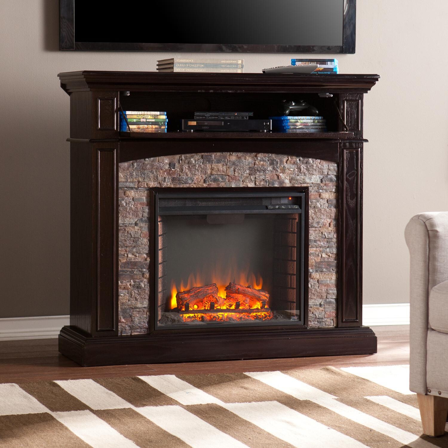 Southern Enterprises Grantham 45-Inch Corner Convertible Electric Fireplace Mantel - Ebony W/ Black River Faux Stone - FE9359 - In the Home thumbnail