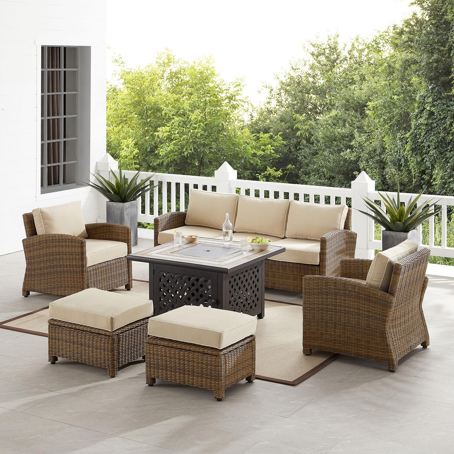 Ultimate Patio UP-92417WB-SA 6Pc Wicker Outdoor Sofa Set W/ Fire Table in Sand - On Patio W/ Fire Table Off - Lifestyle thumbnail