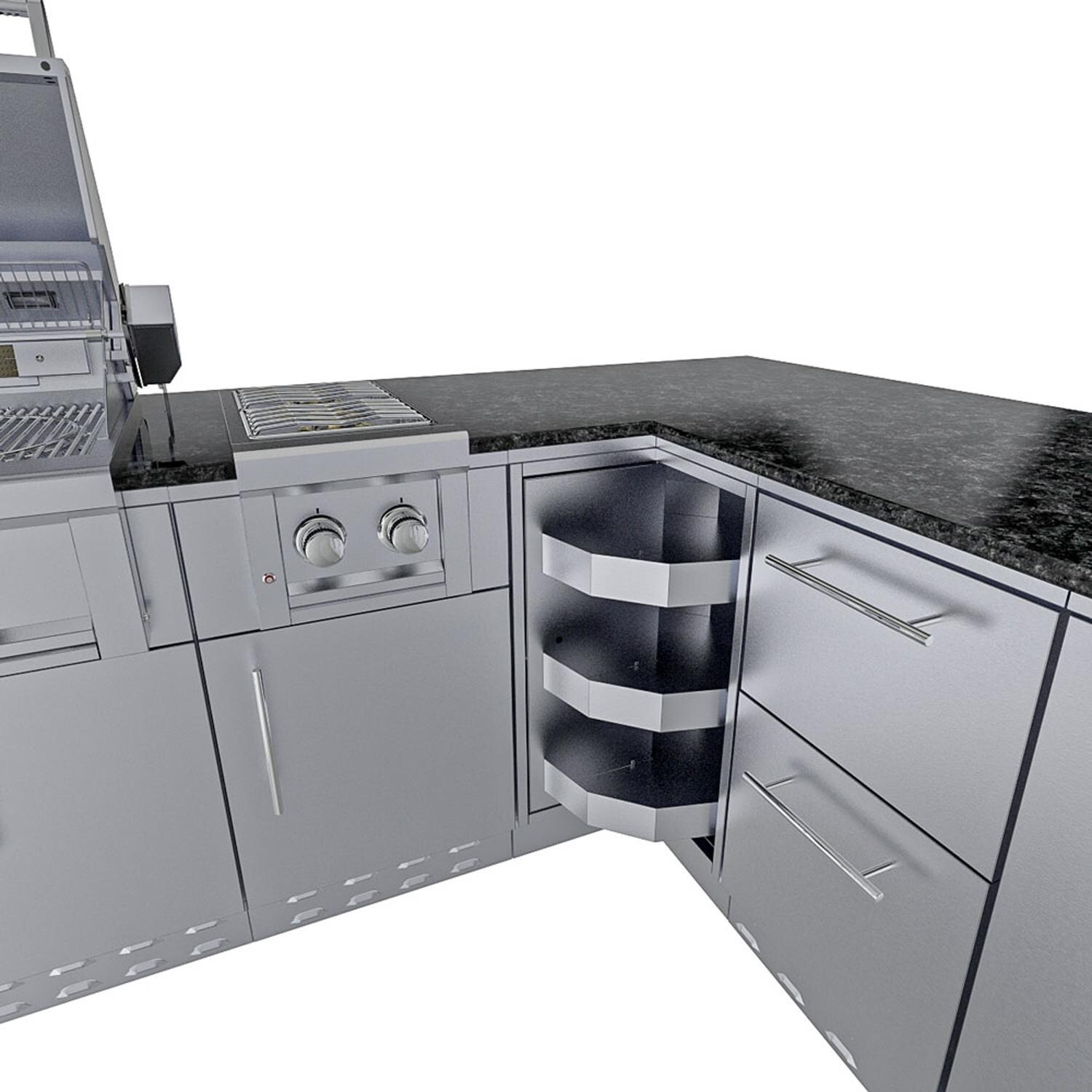 Sunstone Grills SCPRANCHER8.10BY11-LP Rancher 11 Ft Outdoor Kitchen Island w/ Propane Grill & Side Burner, Sink, Refrigerator, Trash Bin, Door & Drawer - Corner Cabinet - White Background thumbnail