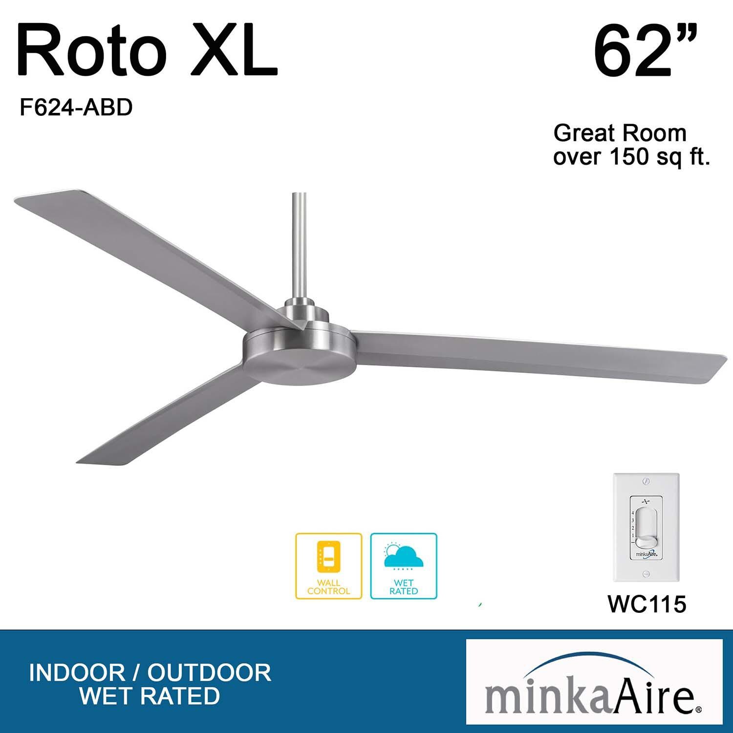Minka-Aire F624-ABD Roto XL 62-Inch 3-Blade Ceiling Fan in Brushed Aluminum Finish w/ Silver Blades - Overview thumbnail