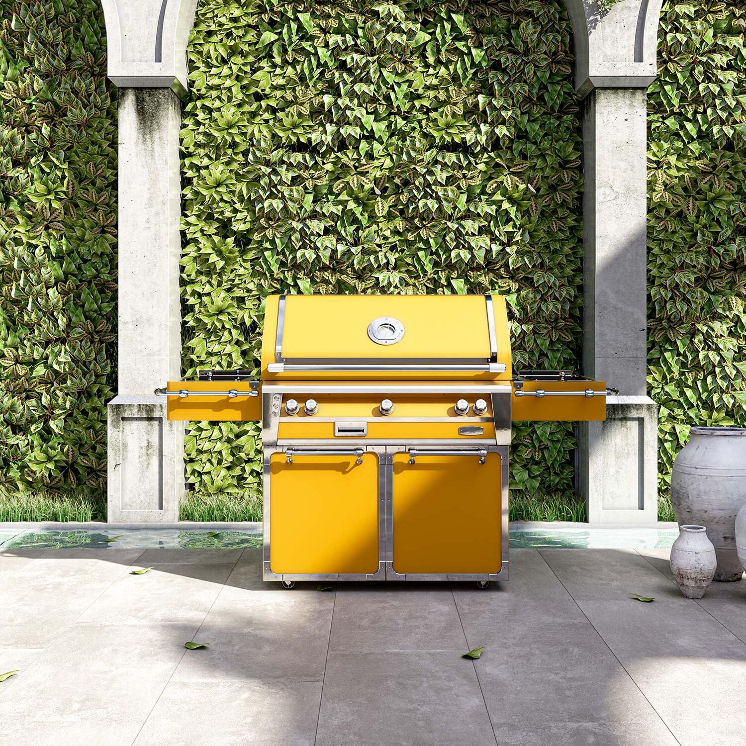 Officine Gullo BBQ42FS03 42-Inch OG Professional Propane Grill Cart in Matcha - Freestanding Grill Shown in Yellow - Lifestyle thumbnail