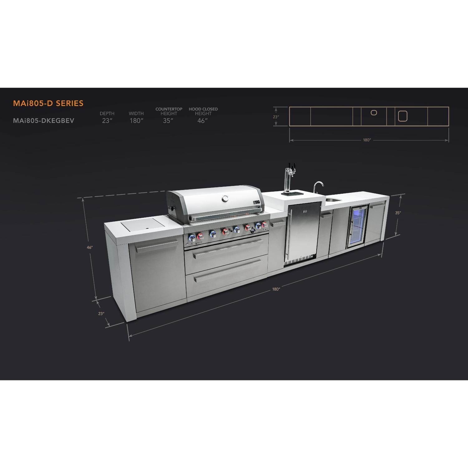 Mont Alpi 805 Deluxe Natural Gas Island w/ Kegerator & Beverage Center (Ships Propane w/ Conversion Kit) - Dimensions - Dimensional thumbnail