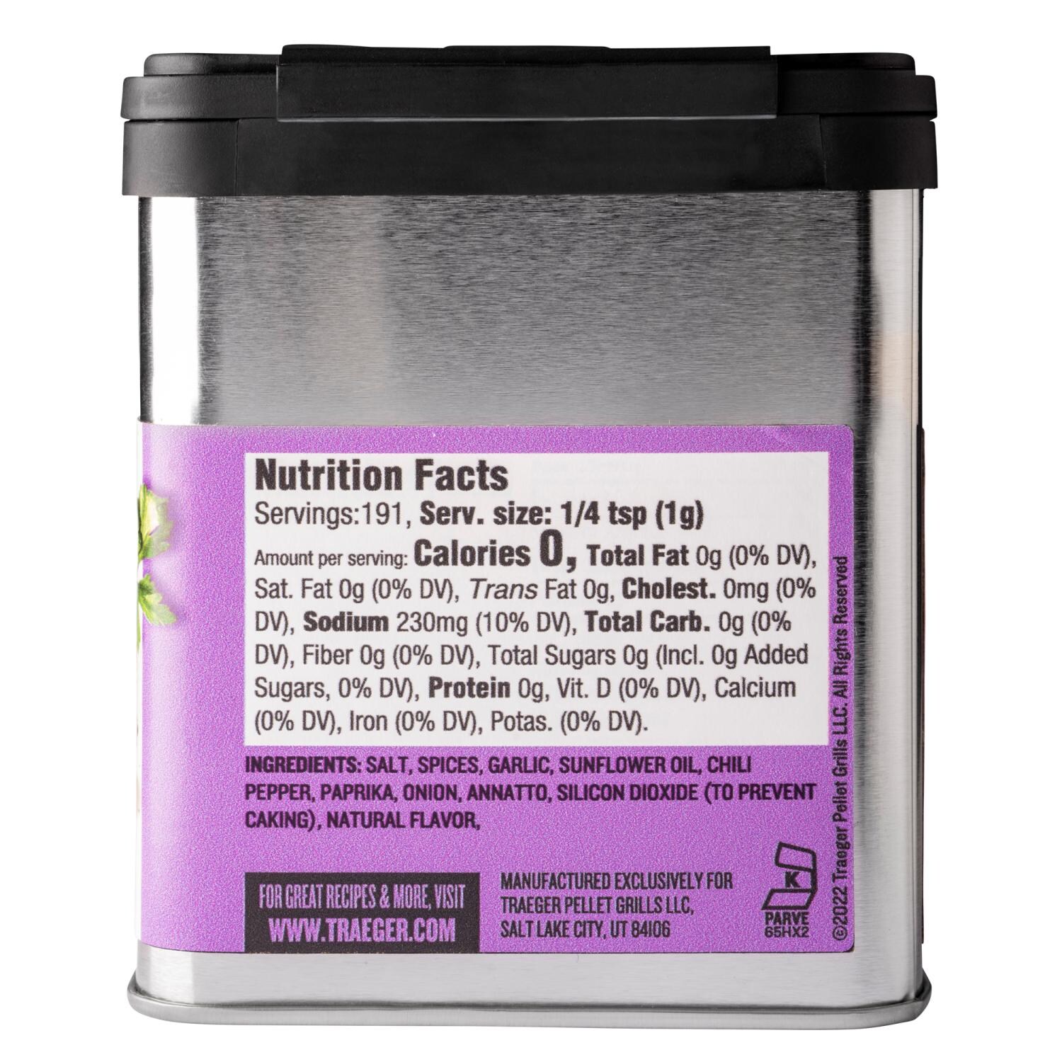 Traeger SPC182 Veggie Rub - Nutrition Facts - White Background thumbnail