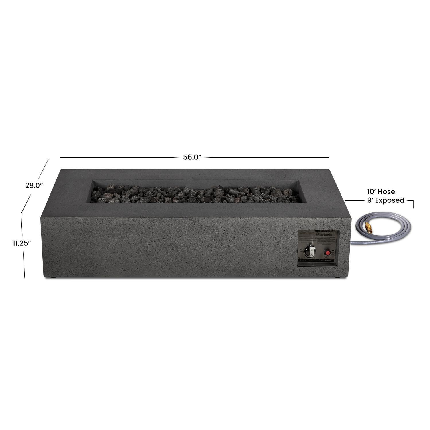 Hillview Bay 56 Inch Rectangular Glass Fiber Reinforced Concrete Natural Gas Fire Pit Table in Carbon by BBQGuys Signature - Dimensions - Diagram thumbnail
