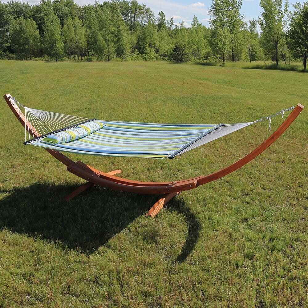 Ultimate Patio Quilted Double Hammock w/ 13-Foot Wood Stand & Pillow - Blue & Green - Lifestyle thumbnail