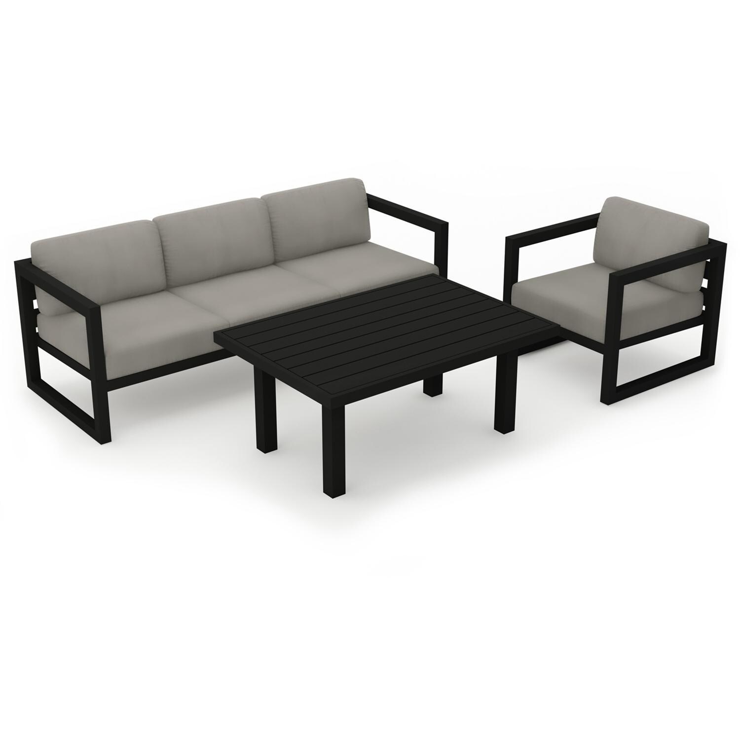 Lakeview MSTYCV-BK-SET138-CC Misty Cove 3 Pc Aluminum Seating Set in Black w/Chat Table & Canvas Charcoal Cushions by Lakeview Outdoor Designs - Set Angled View - White Background thumbnail