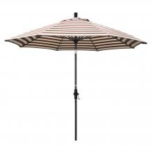 California Umbrella Sun Master Series 9 Ft Octagonal Aluminum Collar Tilt Patio Umbrella W/ Crank Lift & Fiberglass Ribs - Matted Black Frame / Olefin Brick White Cabana Stripe Canopy image