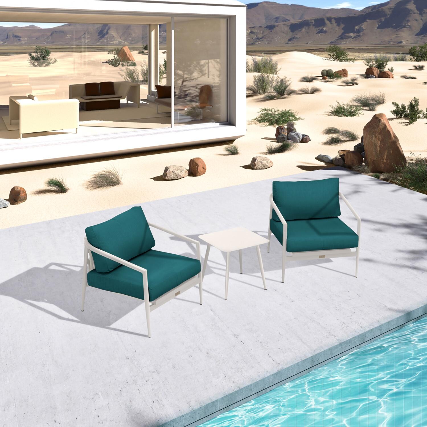 Lakeview Midnight Cove 3 Pc Aluminum Club Chair Seating Set in Urban Stone/Carrera/Spectrum Peacock - Top - Lifestyle thumbnail