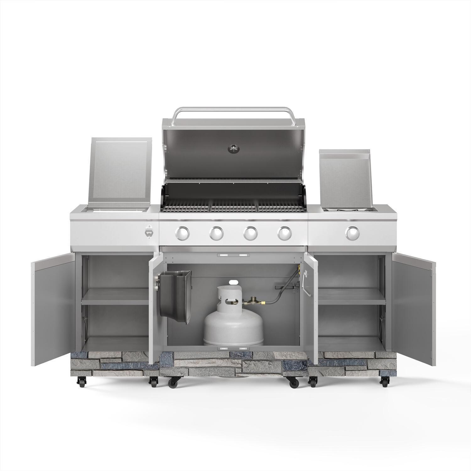 TYTUS Fresno Series 4-Burner Stainless Steel + Shadow Stone Natural Gas BBQ Island (Ships Propane w/ Conversion Kit) - Open - White Background thumbnail
