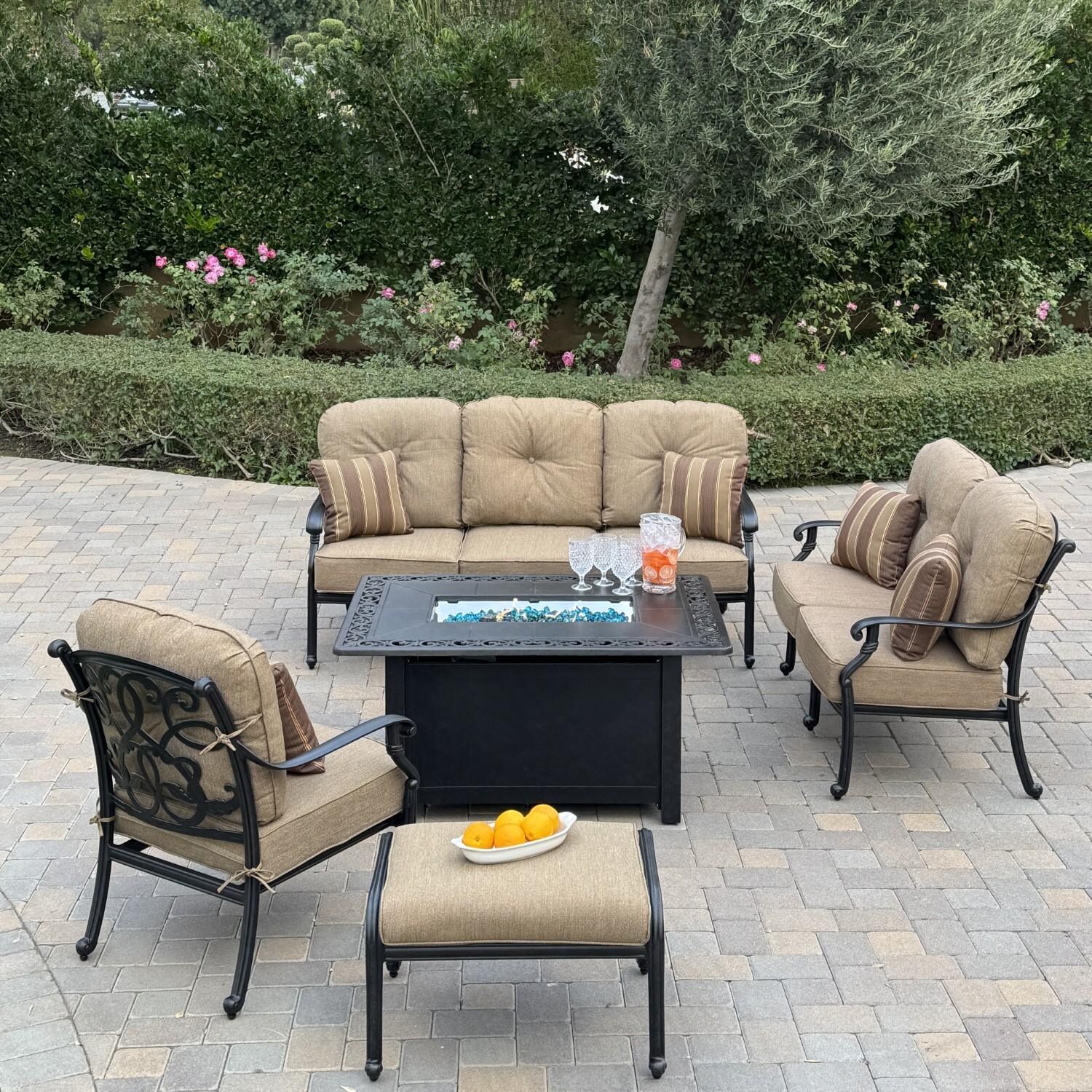 Santa Monica 4 Pc Cast Aluminum Seating Set w/ 49 X 35 Inch Fire Pit Table w/ Club Chair, Sofa, Loveseat, and Ottoman in Sesame/Antique Bronze by Darlee - Hero - Lifestyle thumbnail