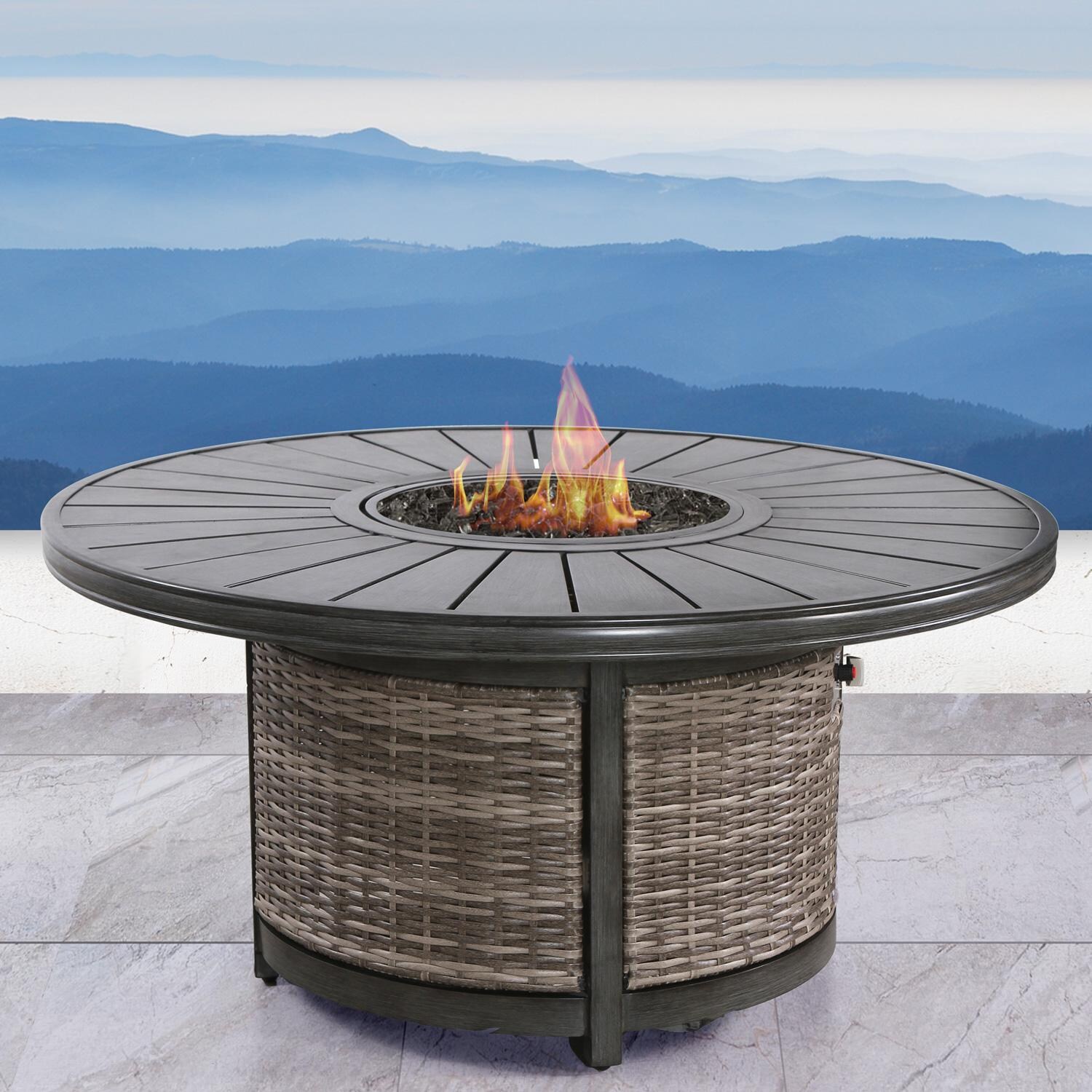 Ultimate Patio Ellisview 52 Inch Round Aluminum Propane Fire Pit Dining Table in Gray Wicker - Lifestyle thumbnail