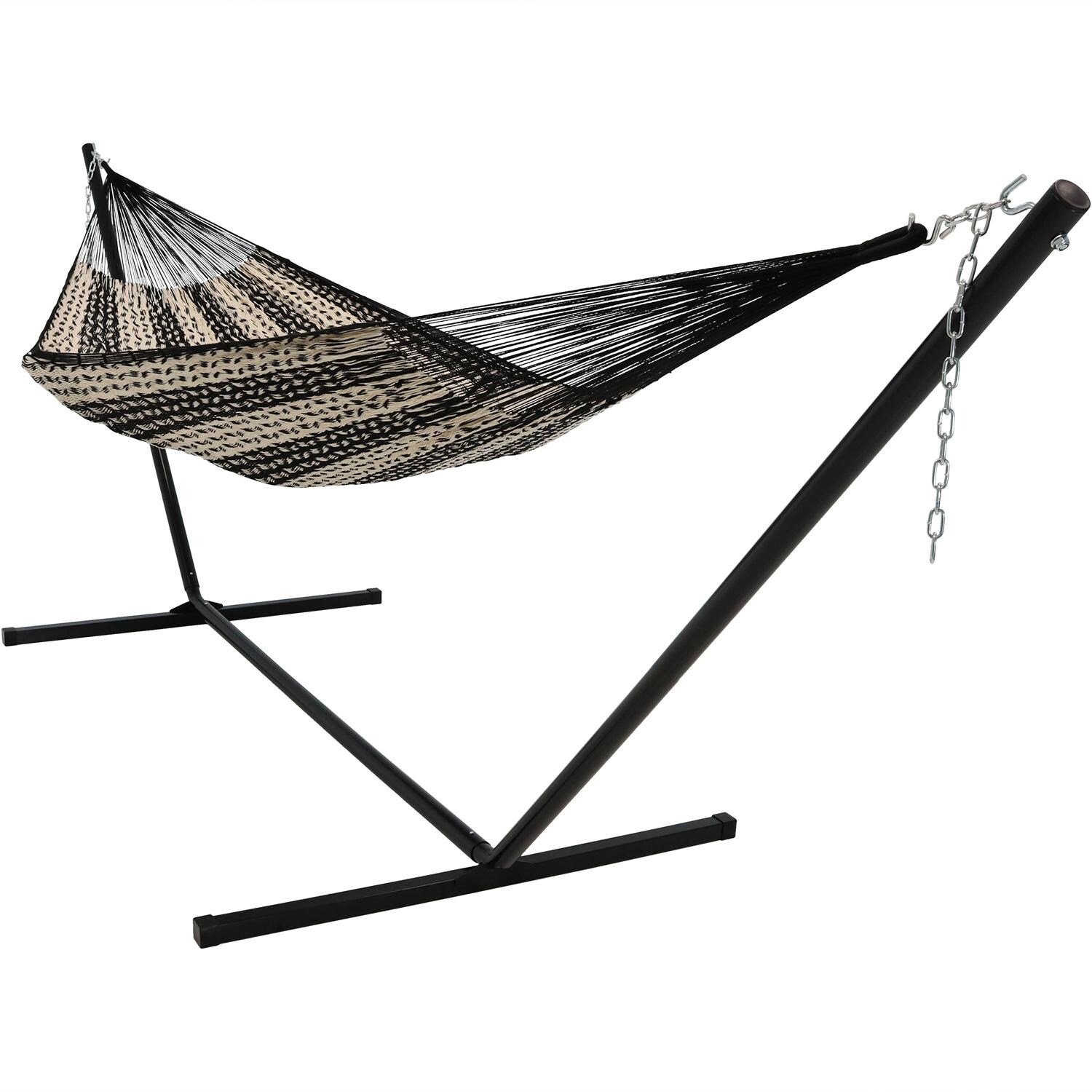 Sunnydaze Decor XXL Thick Cord Handwoven Family-Sized Mayan Hammock w/ 15-Foot Black Stand - Black & Natural - HM24BNBLK Combo image