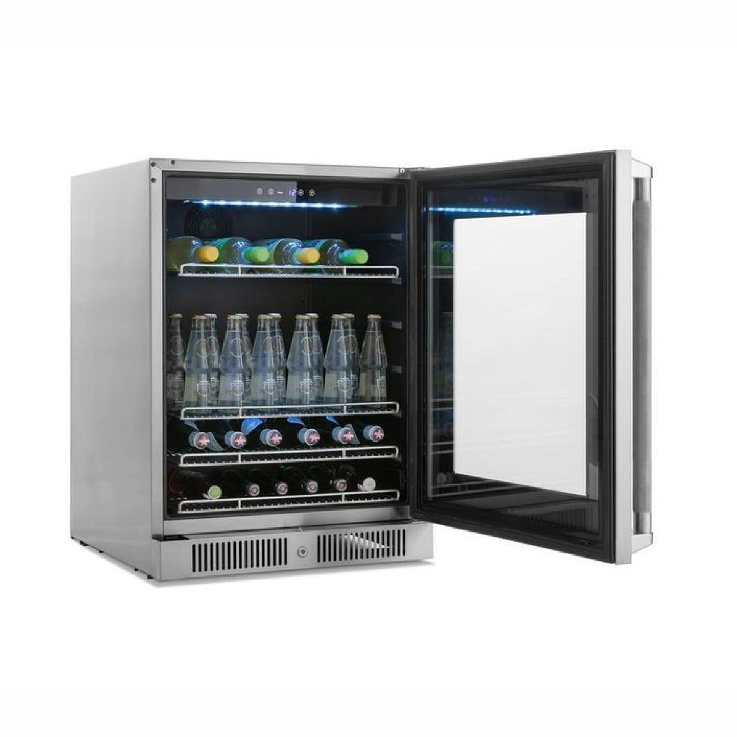 NewAge Products 67916 Classic Series 10 Ft Outdoor Kitchen Island w/ 33-in Natural Gas Grill, Glass Door Refrigerator, Trash Bin, Door & Drawer in Grove/Stainless Steel - Fridge Open - White Background thumbnail
