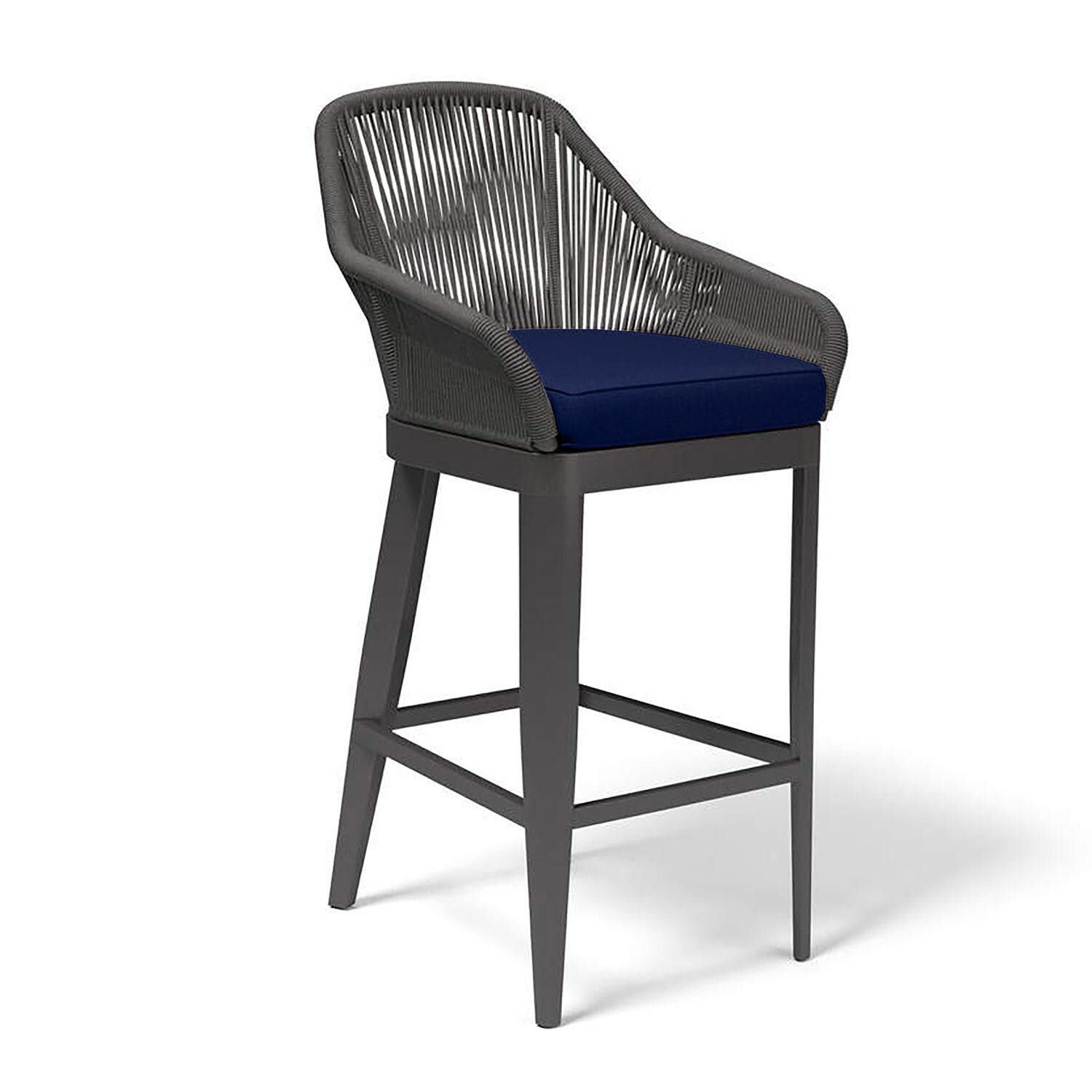 Milano Olefin Rope & Aluminum Patio Bar Stool in Echo Midnight w/ Self Welt By Sunset West - Right Angle - White Background thumbnail