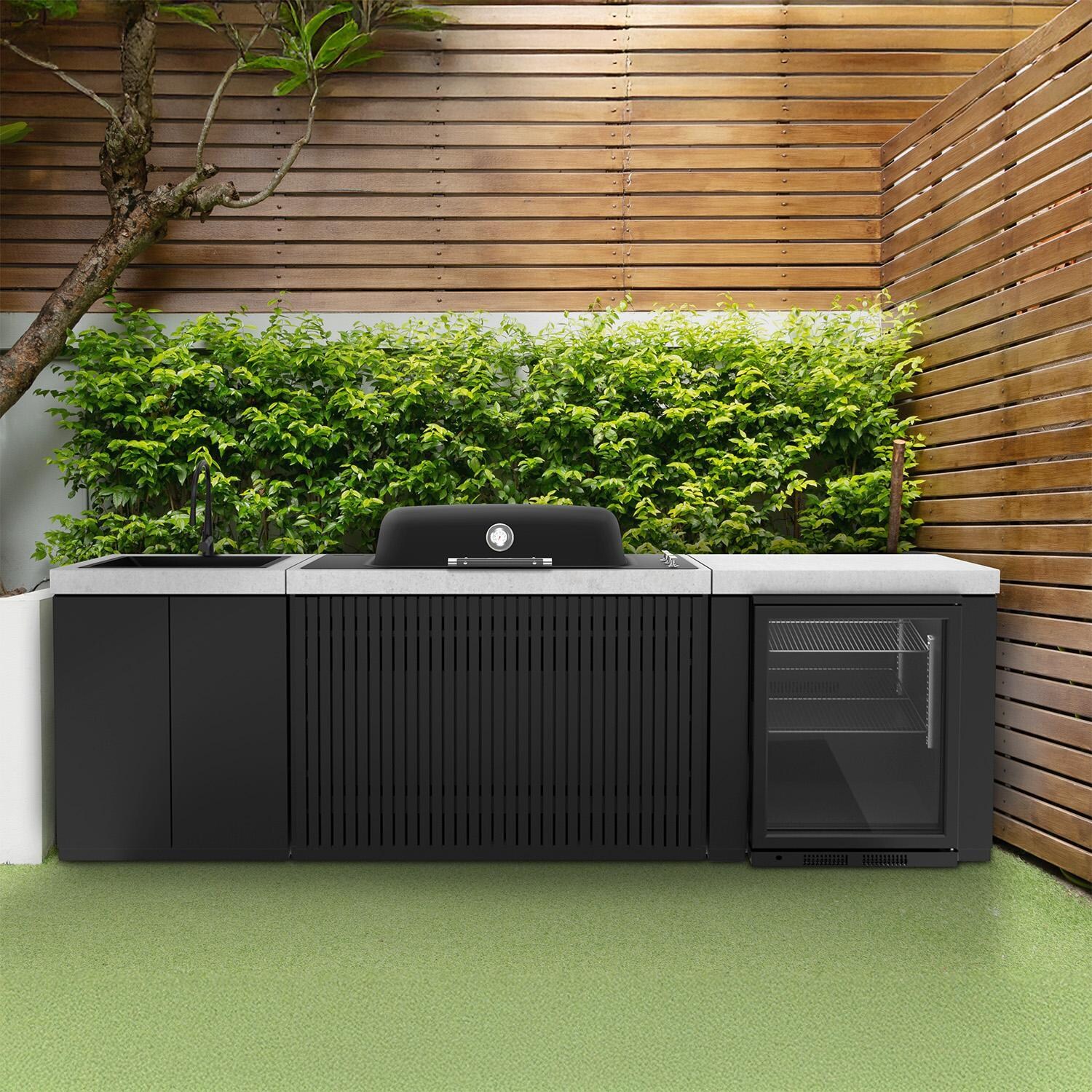 Everdure 9 Ft Outdoor Kitchen Island w/ Marine Grade Aluminum Cabinets in Black - On Patio - Lifestyle thumbnail