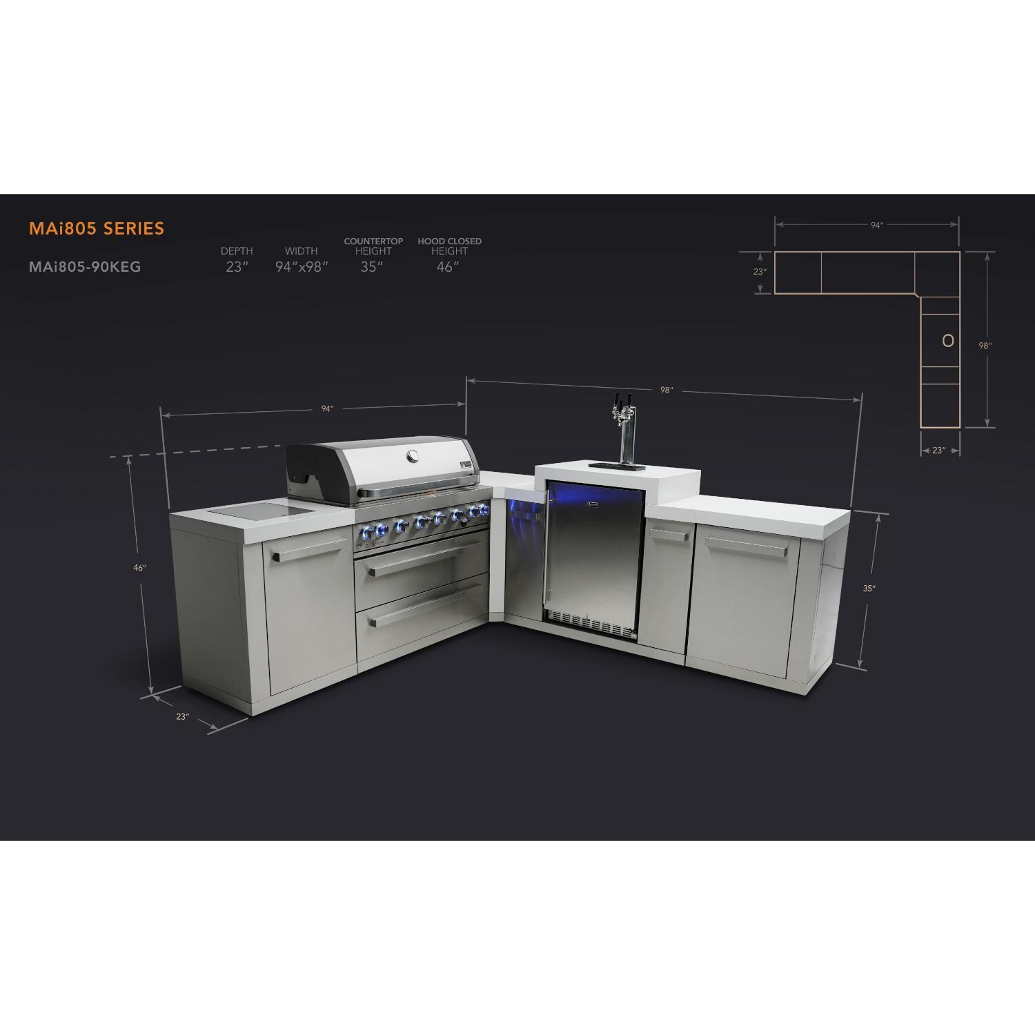 Mont Alpi 805 Natural Gas Island w/ 90 Degree Corner & Kegerator (Ships Propane w/ Conversion Kit) - Dimensions - Dimensional thumbnail
