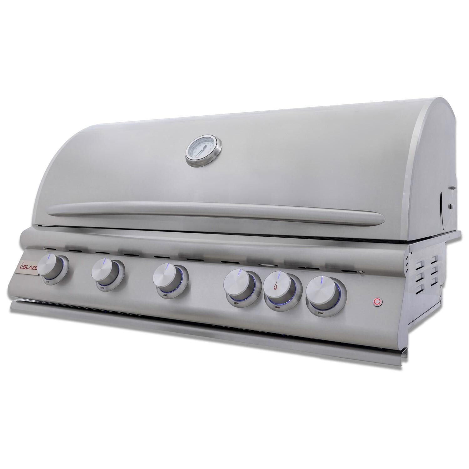 Blaze BLZ-5LTE3-LP LTE+ 40-in 5-Burner Built-In Propane Grill w/ Rear Infrared Burner & Lift-Assist Hood - Angled View - Closed - White Background