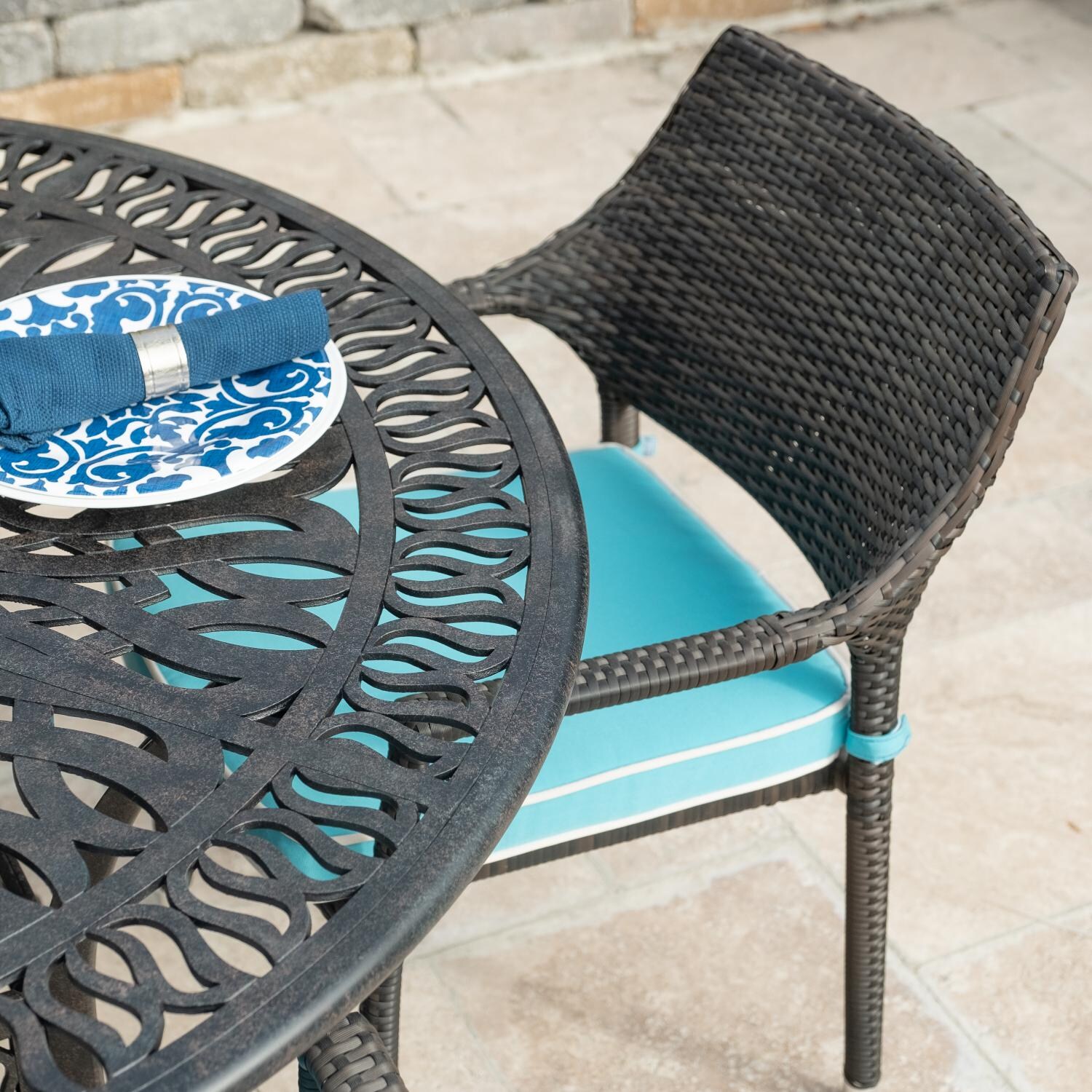 Gentilly 5 Piece Wicker Patio Dining Set W/ 48 Inch Round Dining Table & Sunbrella Canvas Aruba Cushions - Table & Chair Detail thumbnail