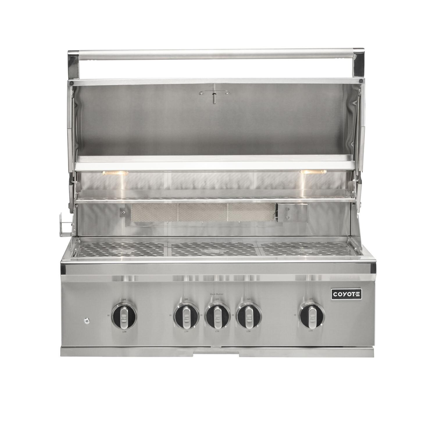 Coyote Outdoor Living 36 Inch SL-Series Built-In Natural Gas Grill - Hood Open w/ Lights On - White Background thumbnail