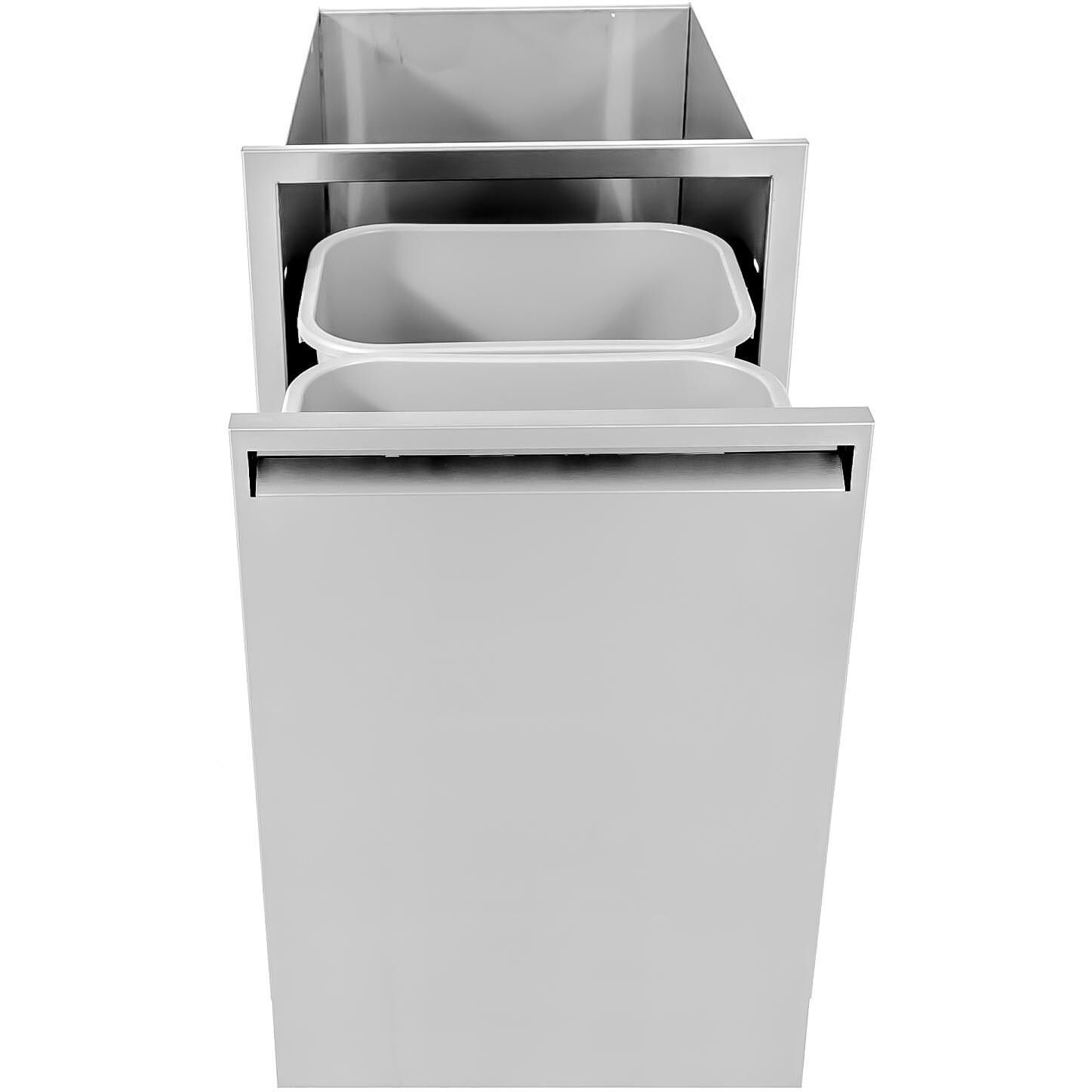 BBQGuys.com Aspen Series 19-Inch Roll-Out Double Stainless Steel Trash / Recycling Bin - Open Front View thumbnail